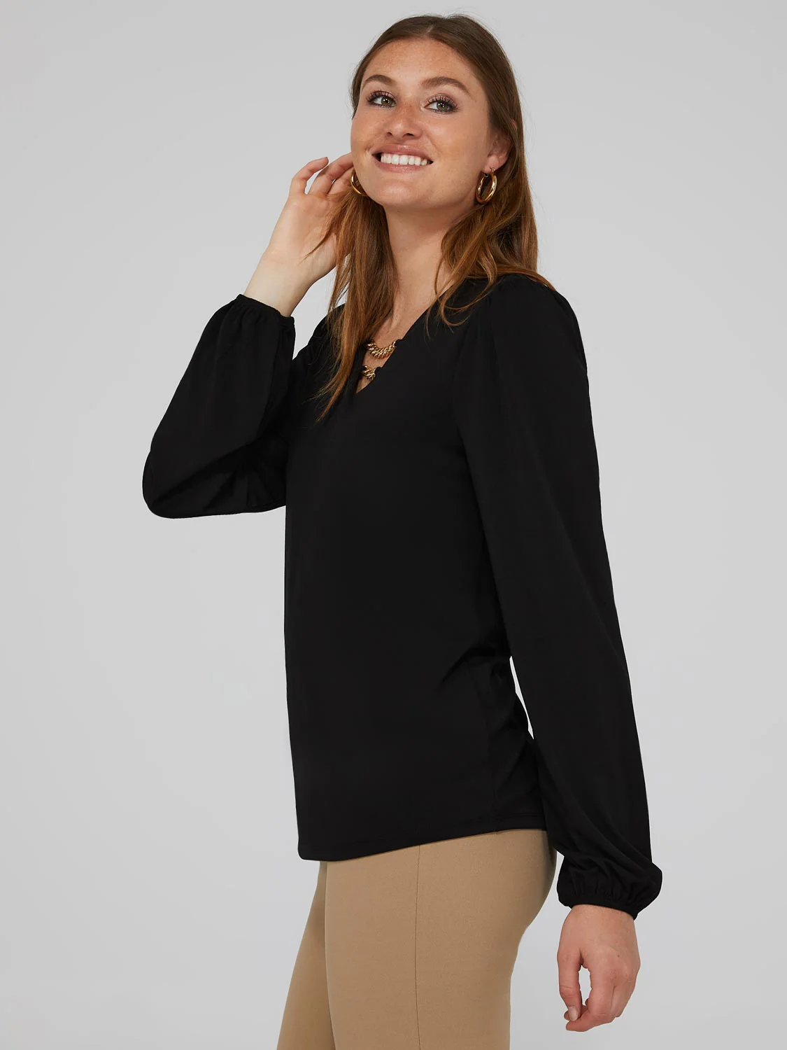 Textured Crepe Long Sleeve Top With Metal Chain Detail