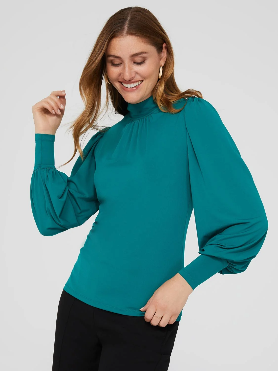 Balloon Sleeve Mock Neck Top With Detail