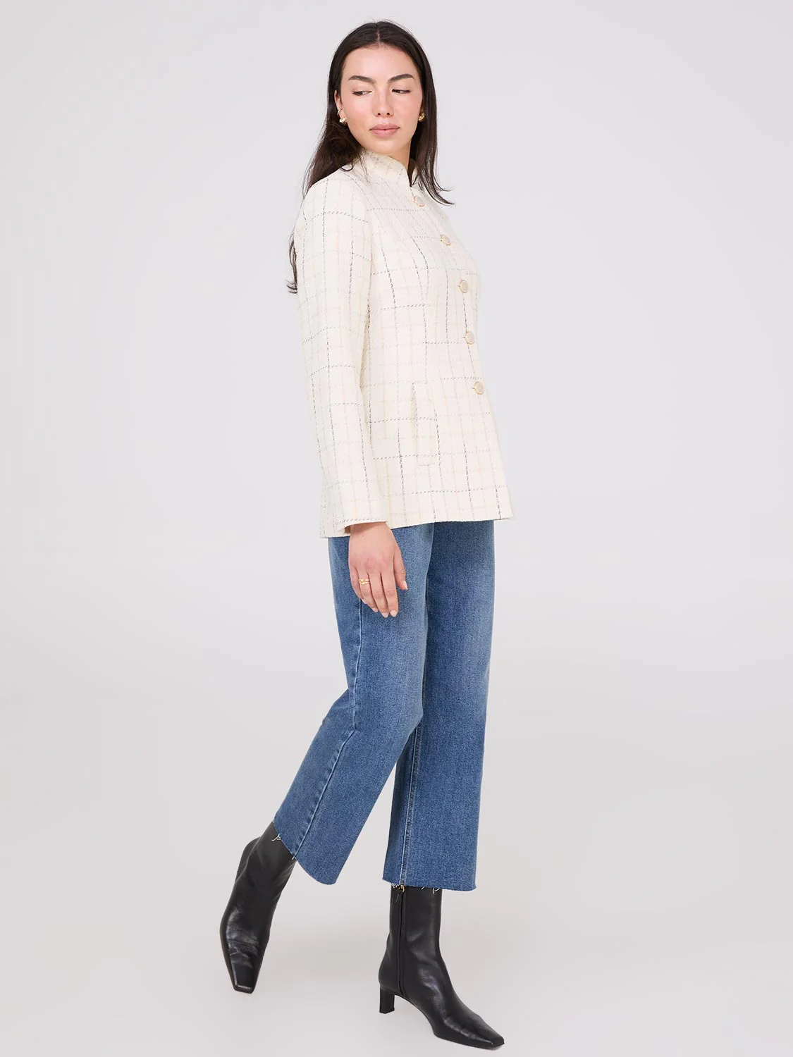 Boucle Button-Front Blazer With Mandarin Collar