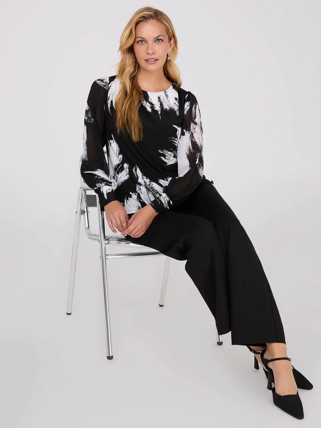Printed Long Chiffon Sleeve Boat Neck Top