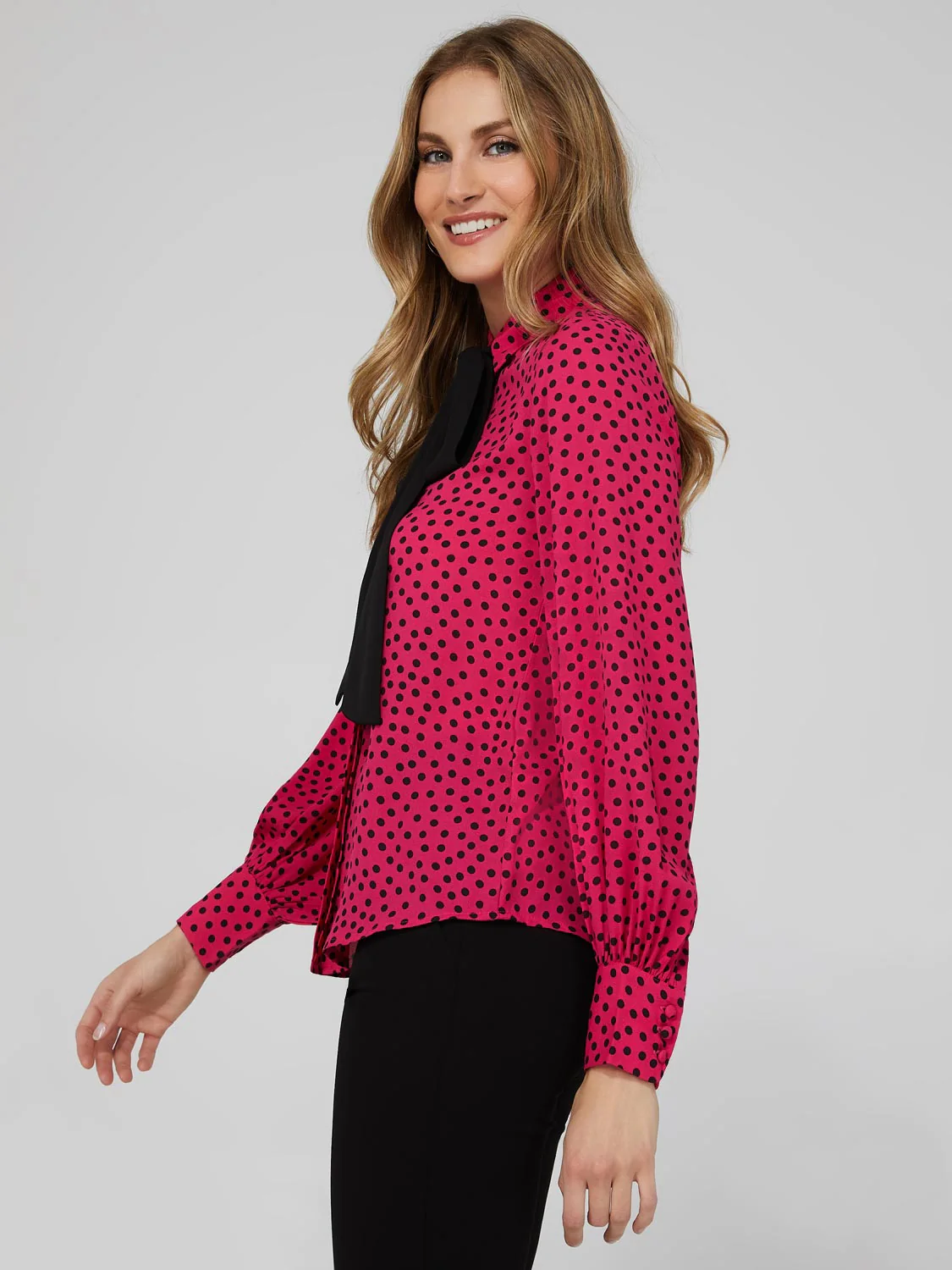 Polka Dot Crepe Chiffon Bow Blouse