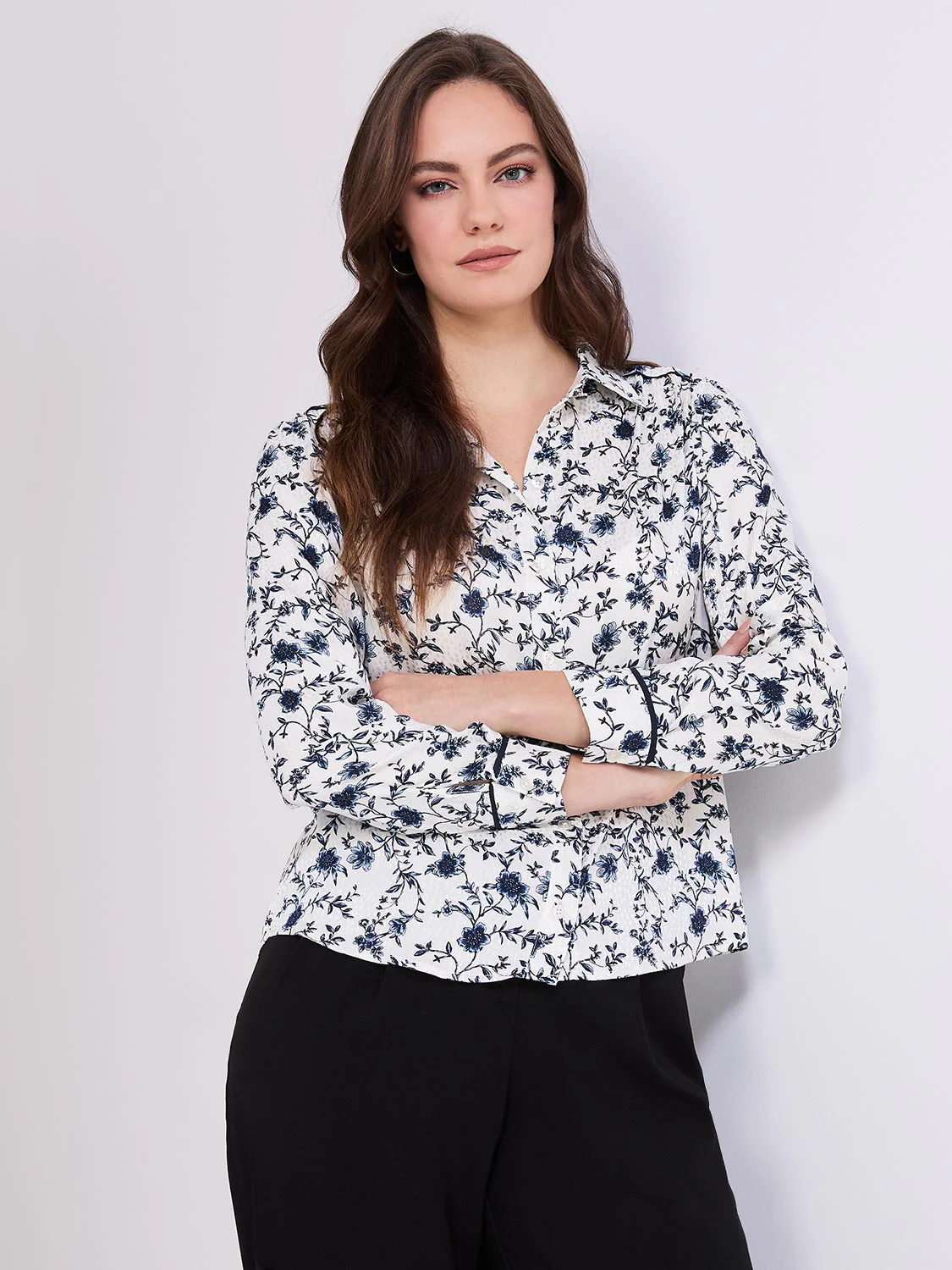 Textured Floral Print Button-Front Blouse