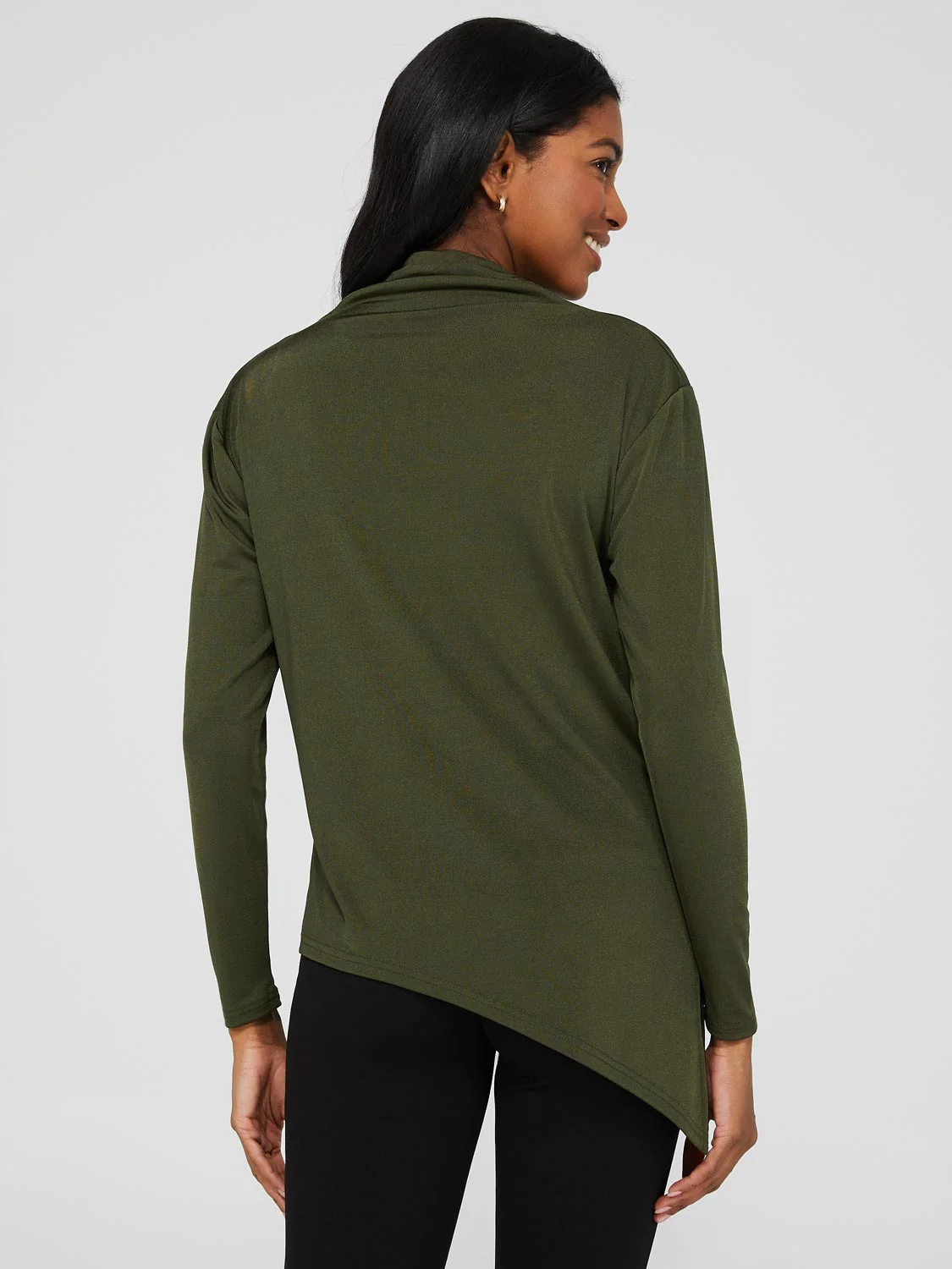 Funnel Neck Slinky Top With Asymmetrical Hem