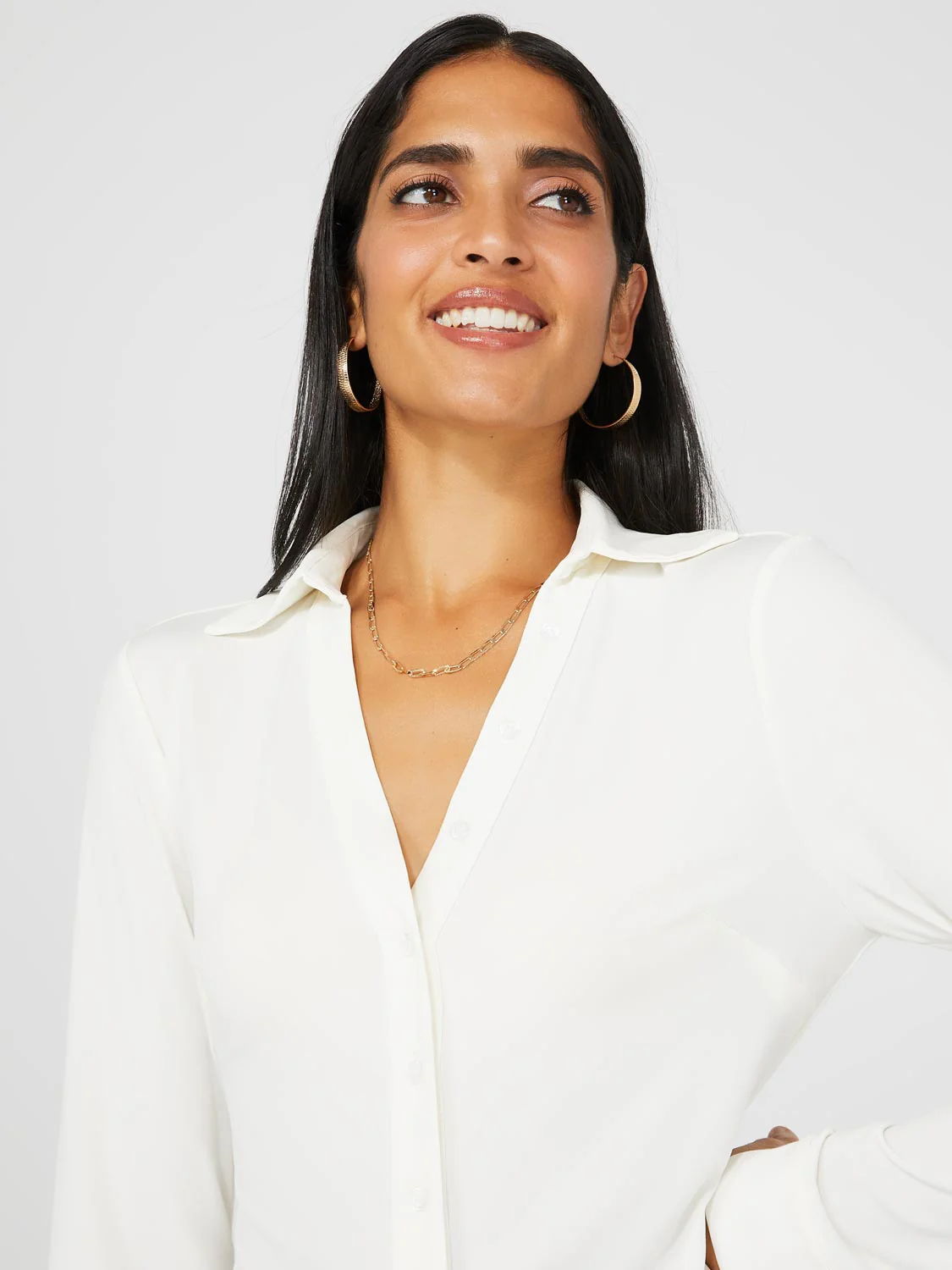 Split Neck Long Sleeve Button-Down Blouse