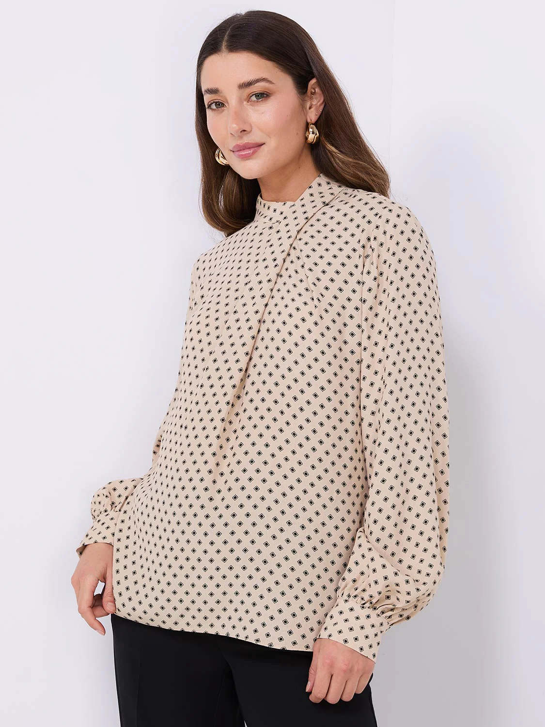 Print Asymmetrical Mock Neck Top