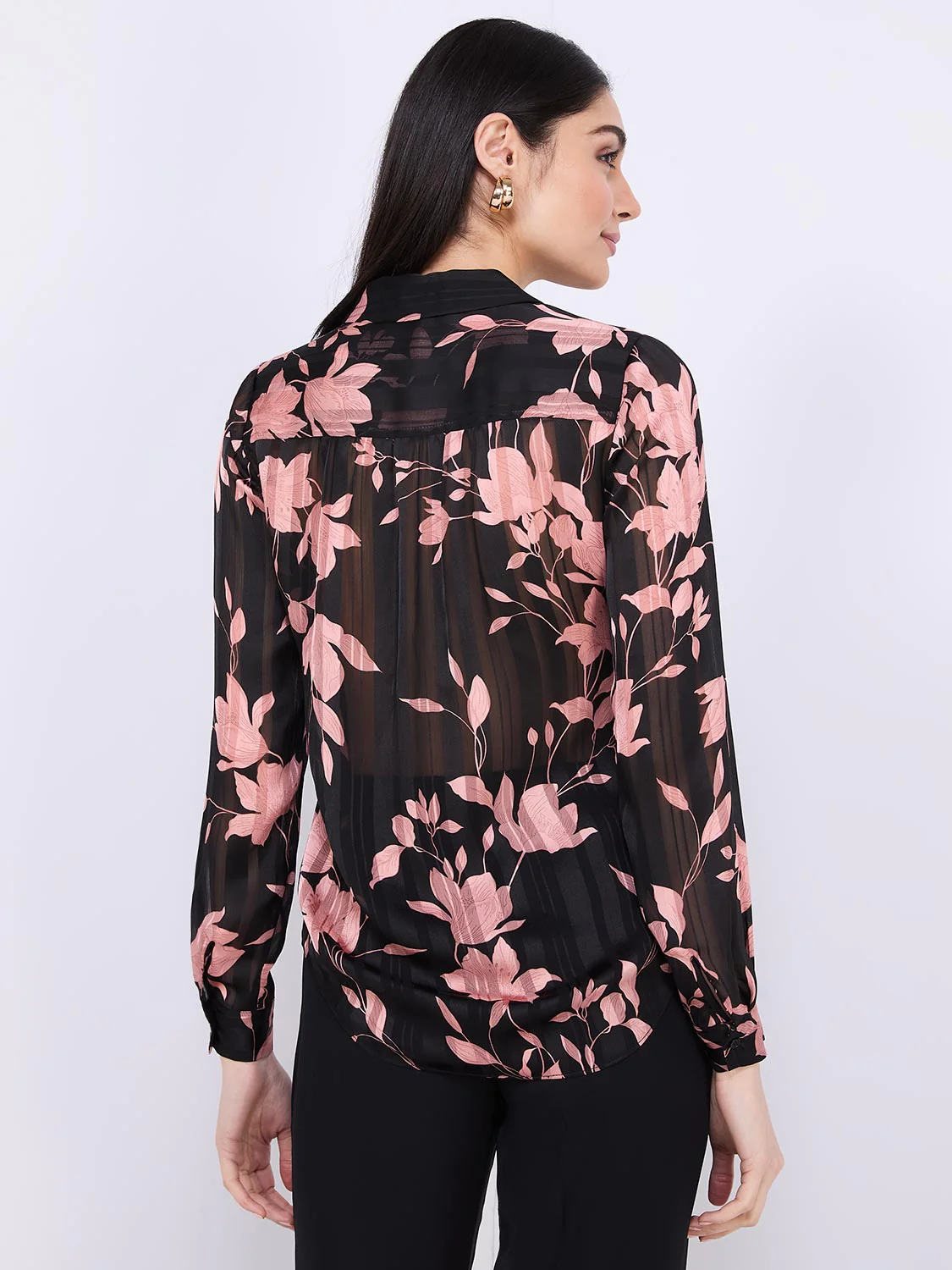 Floral Print Shadow Stripe Button-Front Blouse