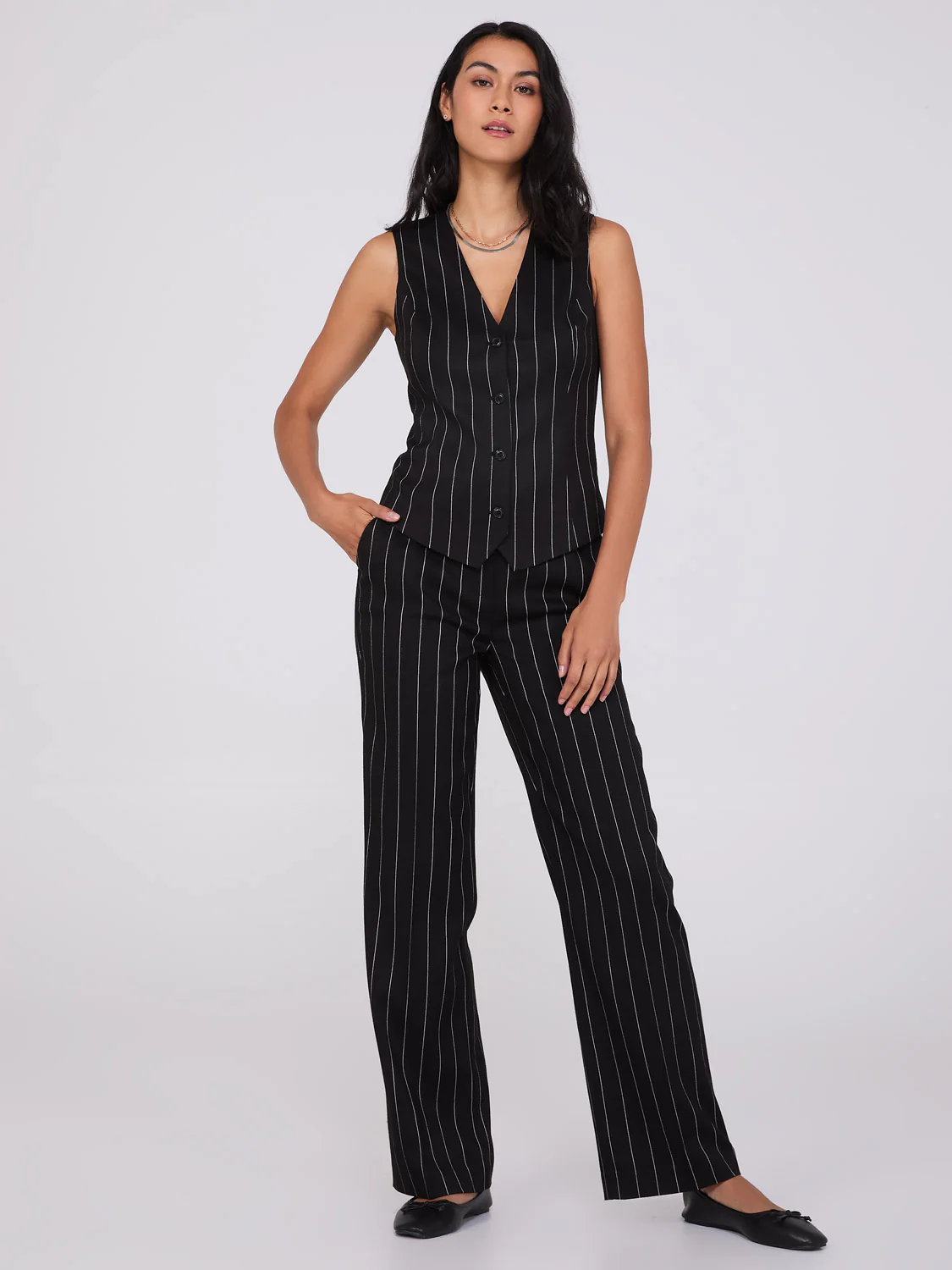 Pinstripe High-Waisted Wide-Leg Pants