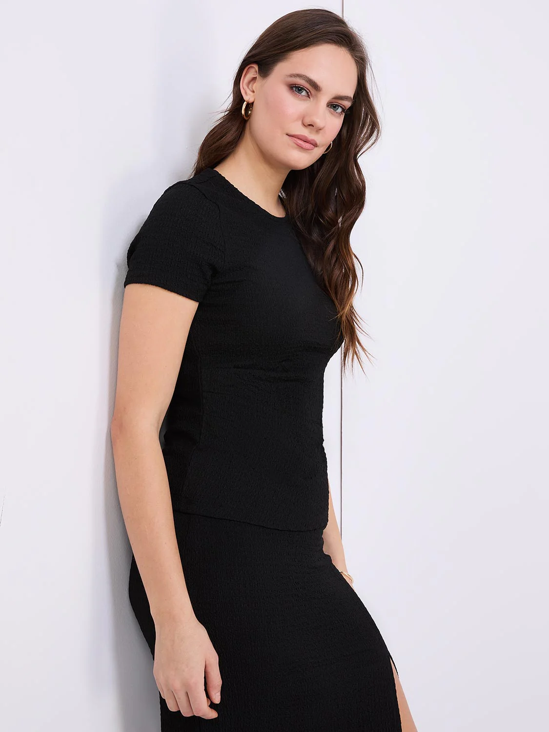 Textured Crew Neck Top With Pleat Details