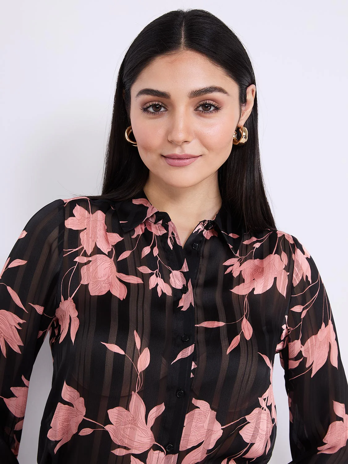 Floral Print Shadow Stripe Button-Front Blouse