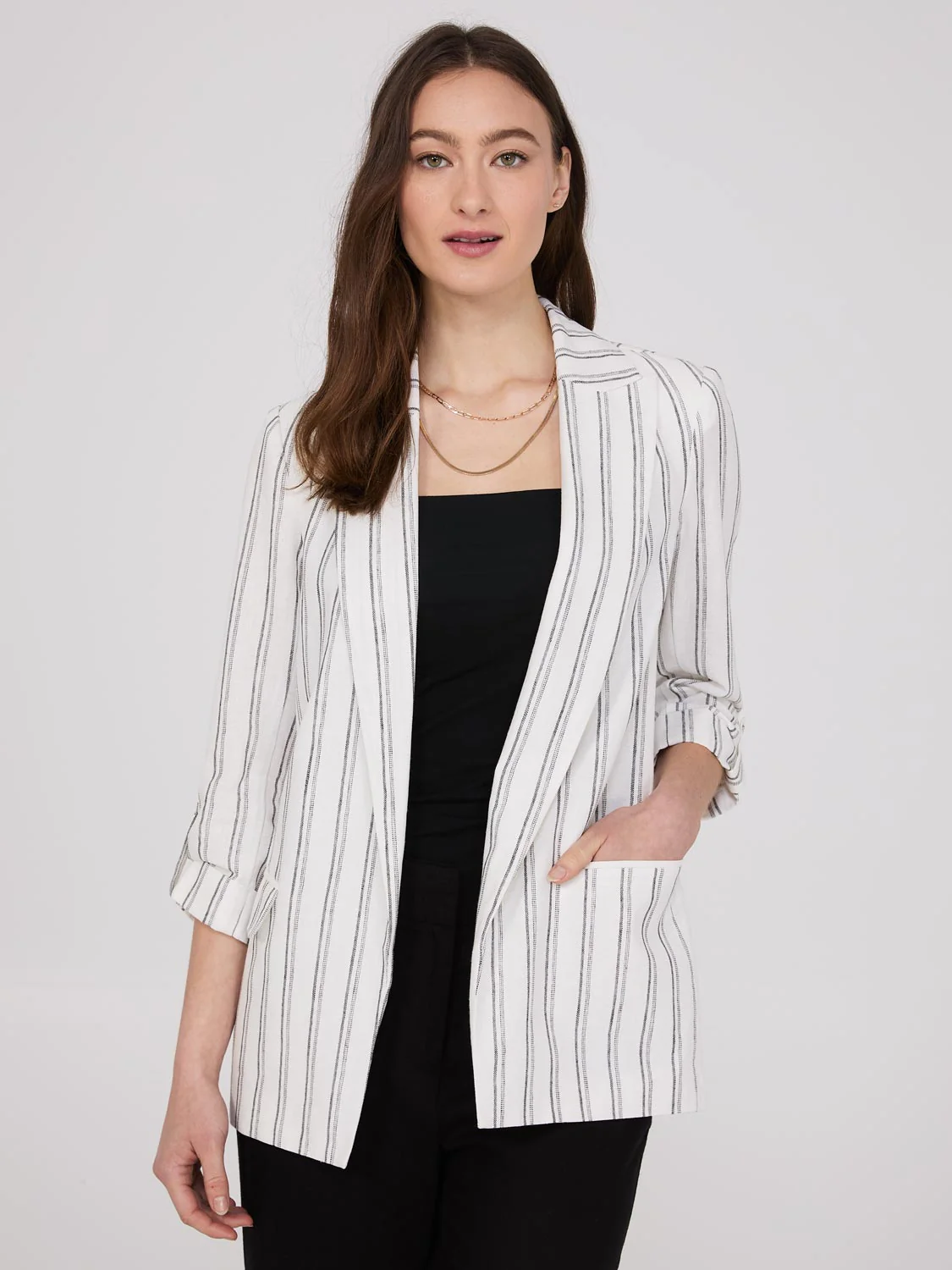 Striped 3/4 Sleeve Linen Blazer