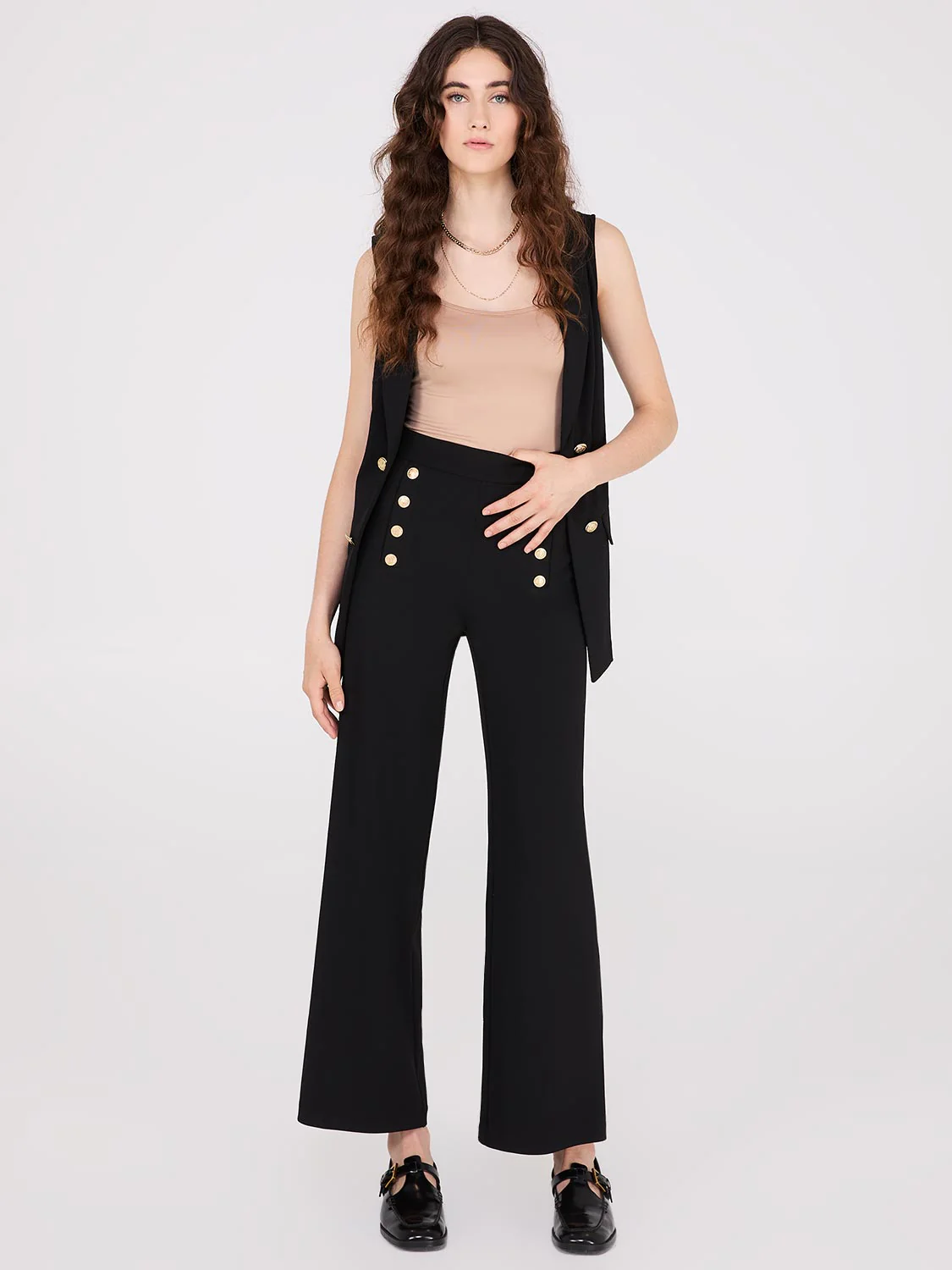 Wide-Leg Ankle Length Pants With Gold Button Details