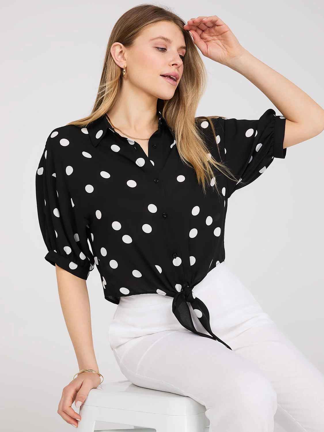 Polka Dot Button-Up Short Sleeve Blouse