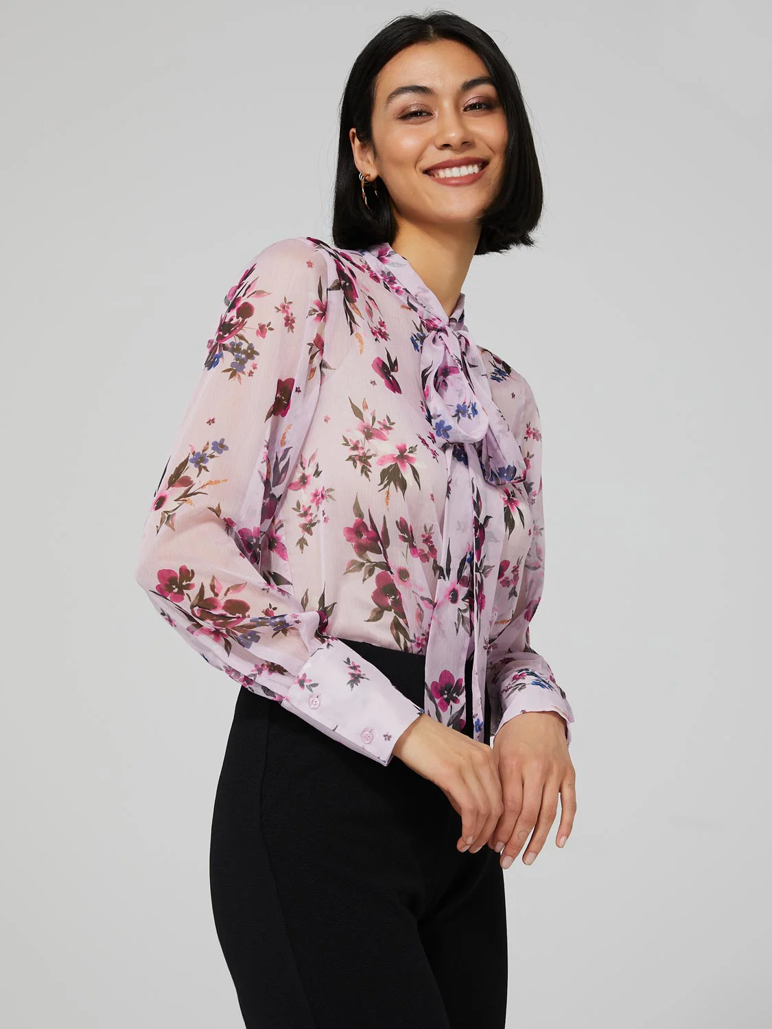 Printed Chiffon Blouse With Neck Tie