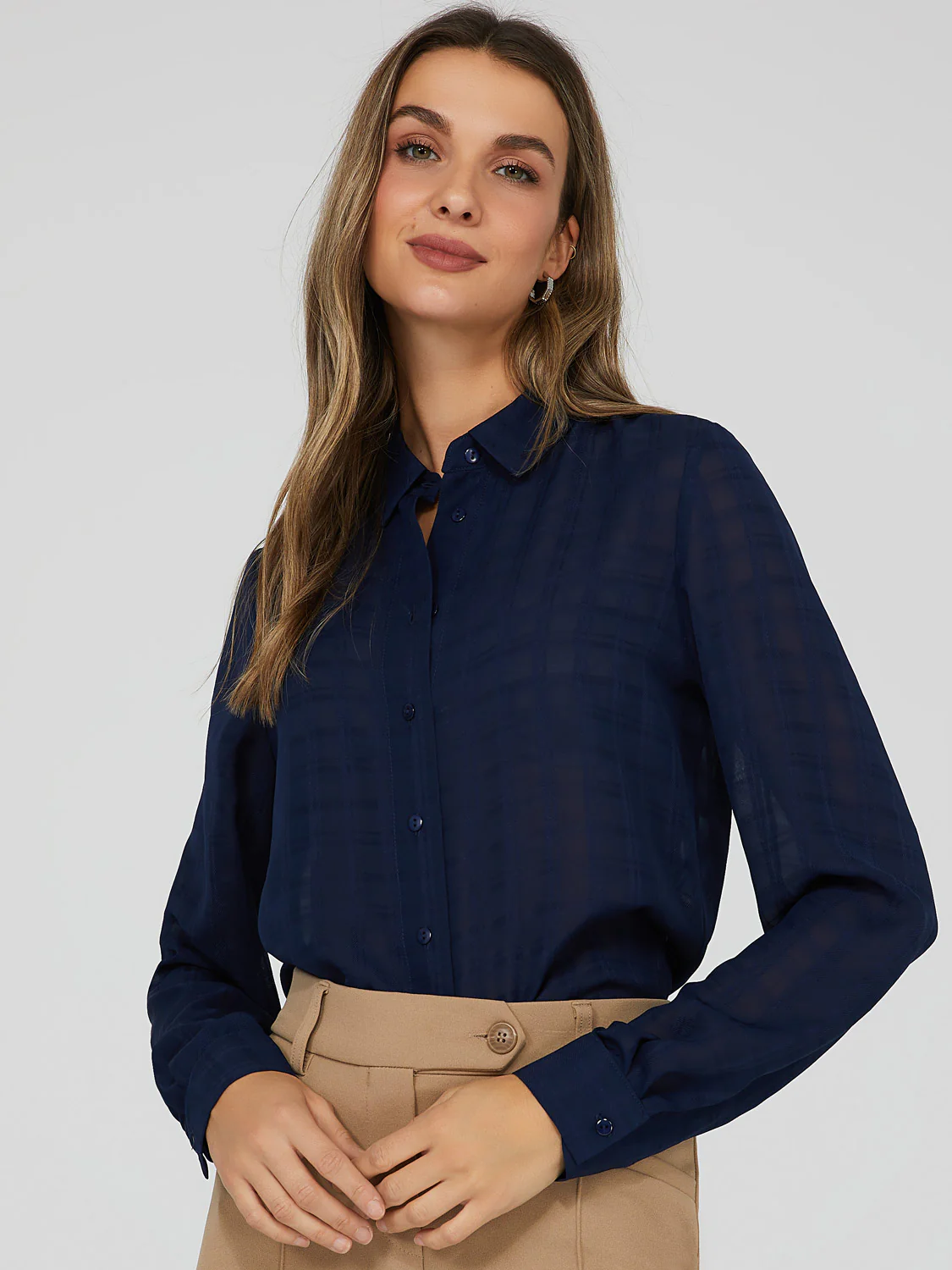 Tonal Check Sheer Button Down Blouse