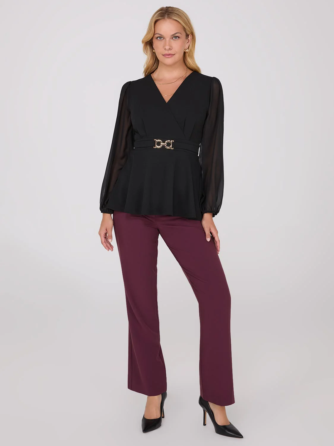 Crossover Peplum Top With Gold Buckle Belt