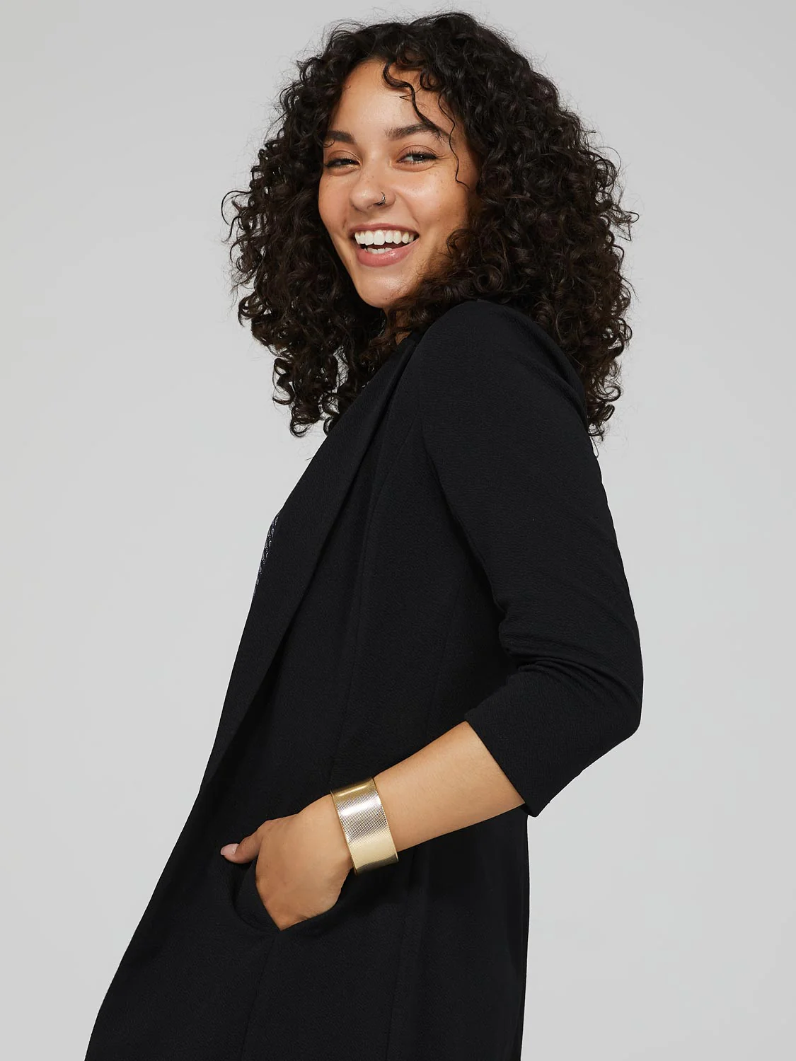 Long Blazer With 3/4 Ruched Sleeves