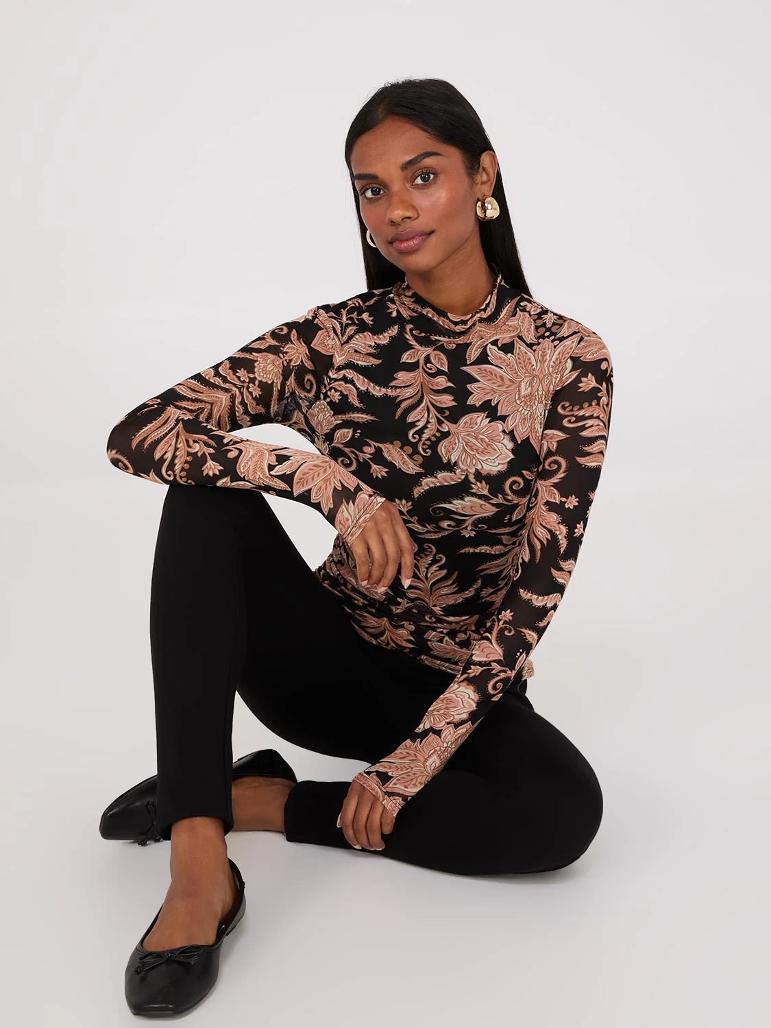 Abstract Print Mock Neck Mesh Top