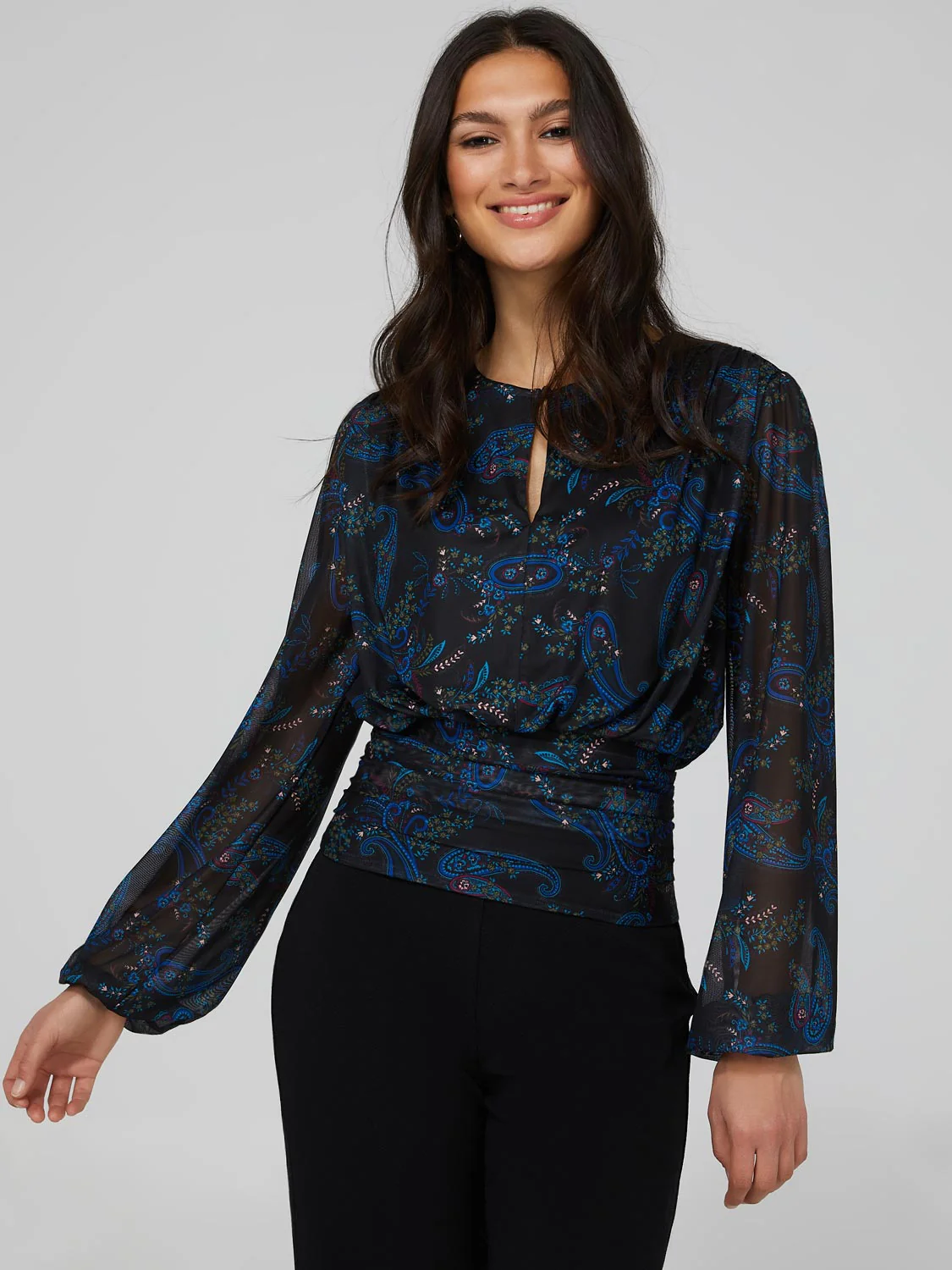 Paisley Print Mesh Top With Pleated Bottom Band