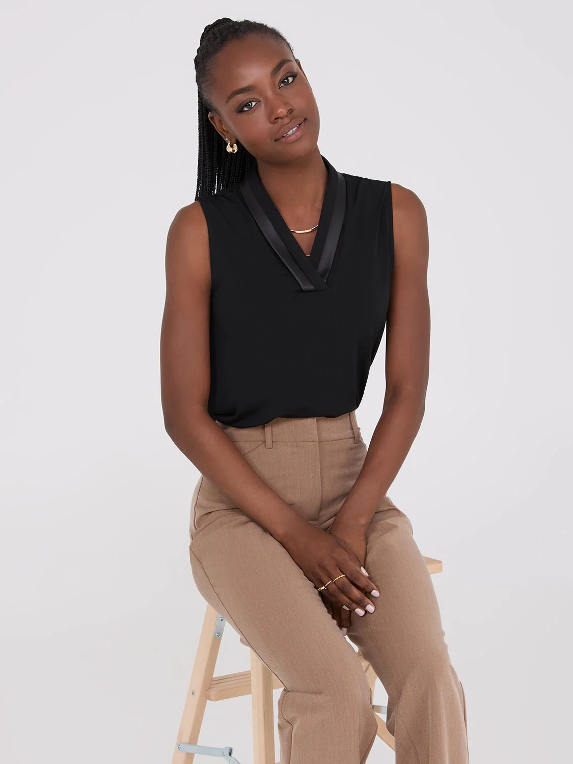 Sleeveless Pleated Faux Leather V-Neck Top