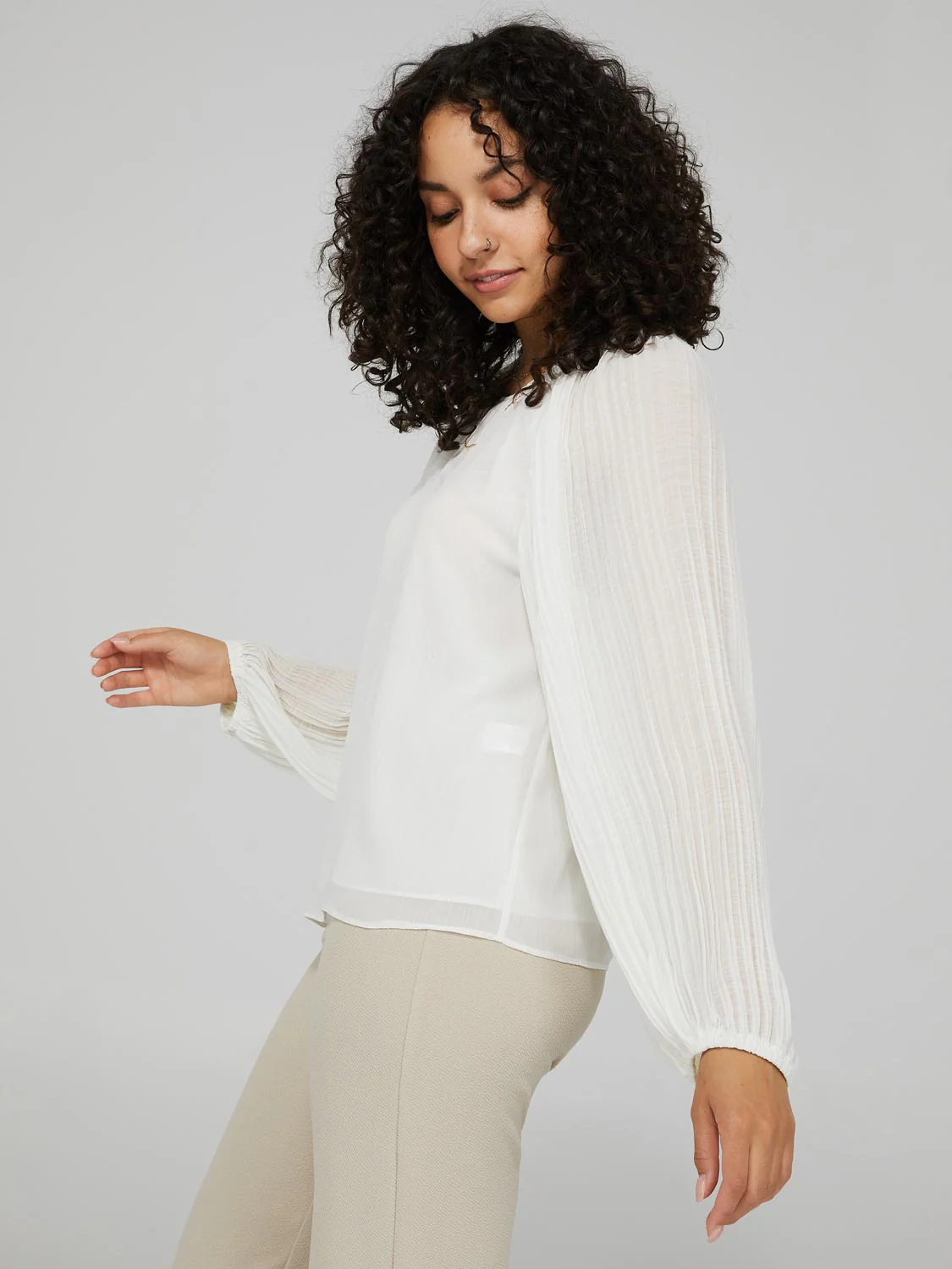 Plisse Chiffon Top With Pleated Balloon Sleeves