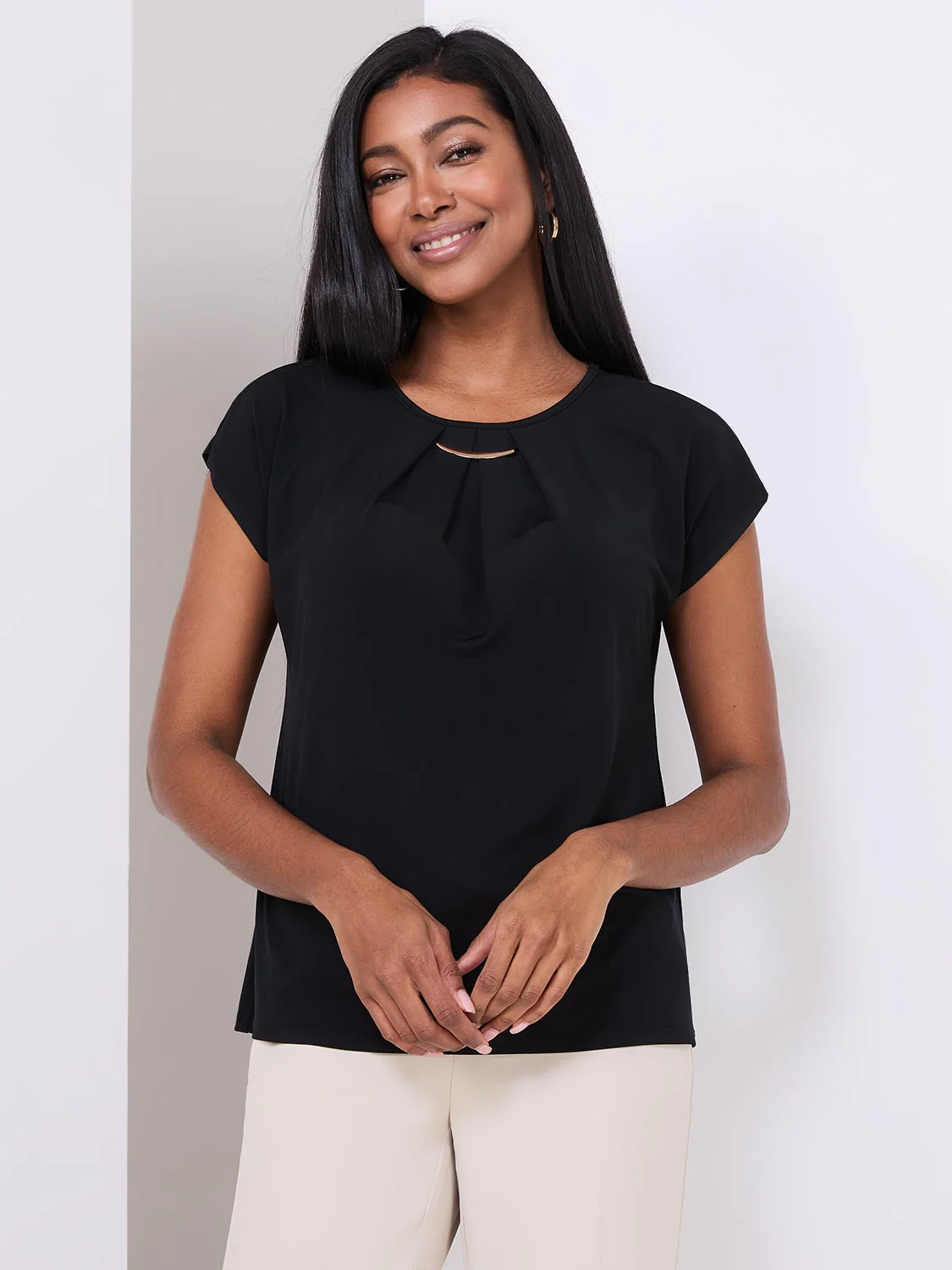 Pleated Short Sleeve Top With Metal Bar Detail