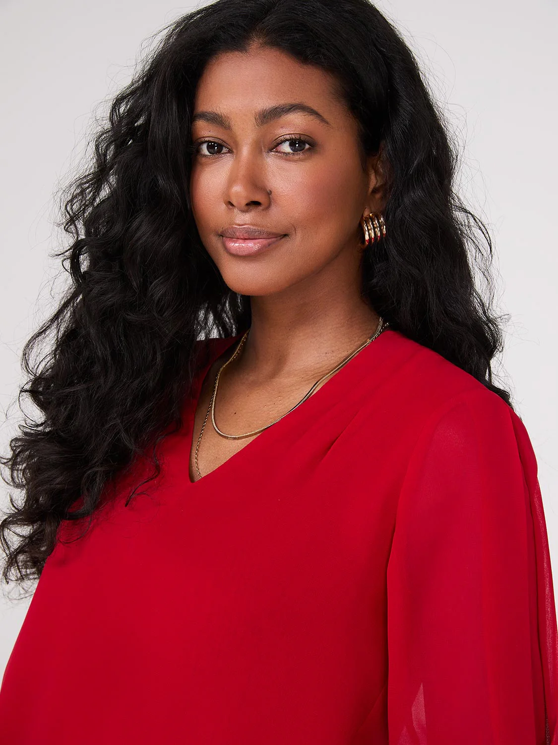 Chiffon V-Neck Pleated Popover Blouse