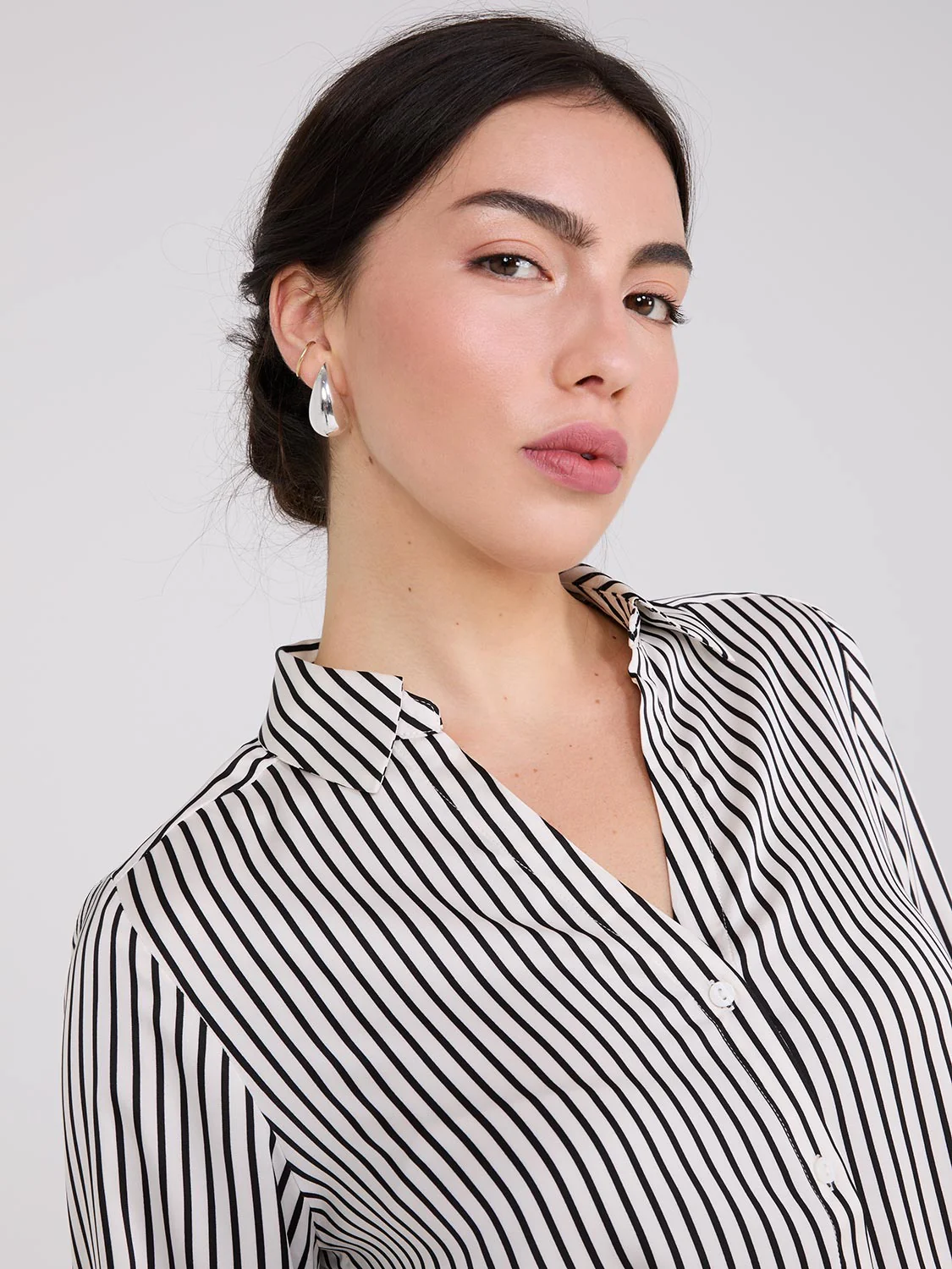 Striped Satin Notch Collar Blouse