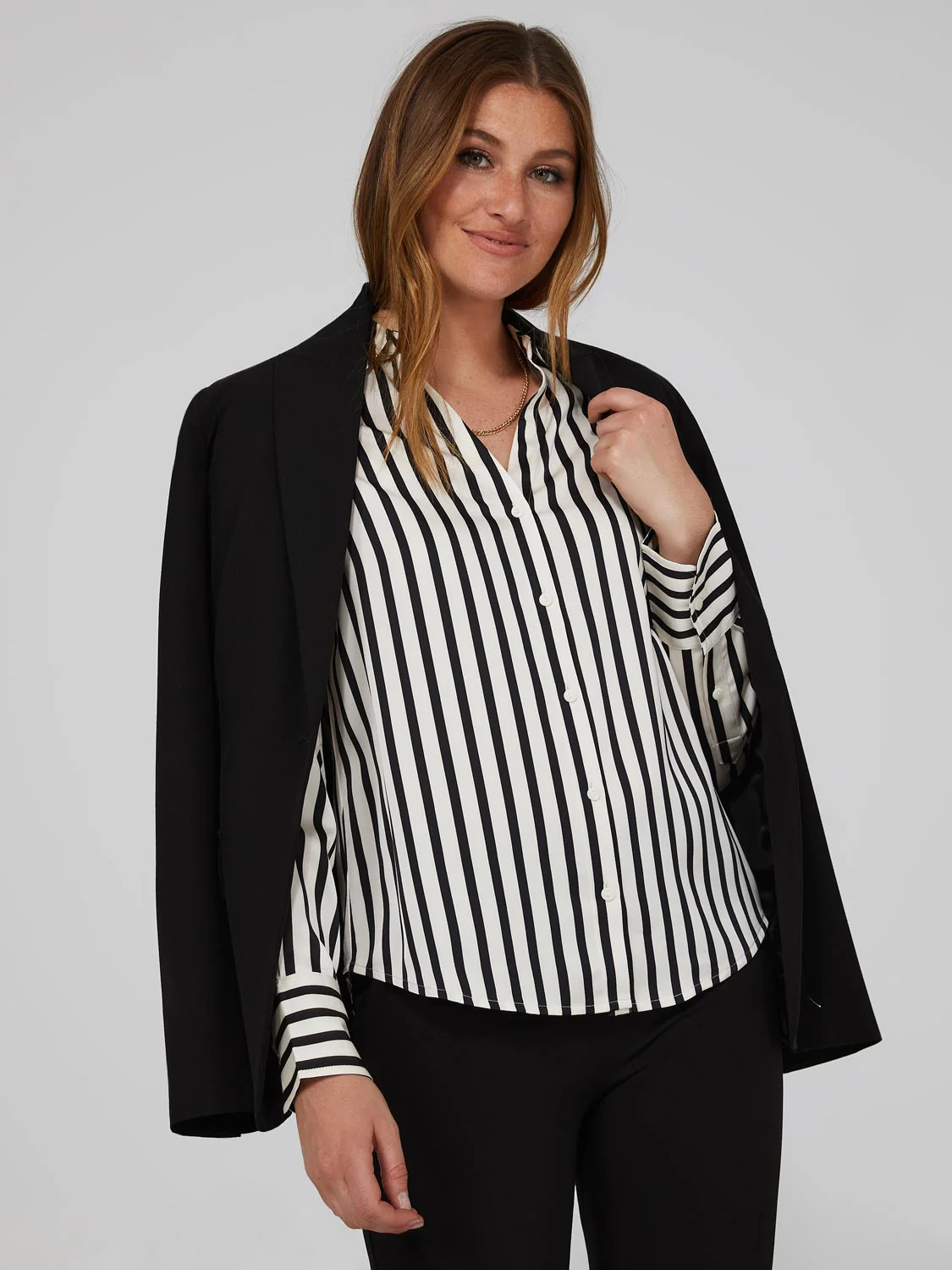 Striped Satin Split Neck Button-Front Blouse
