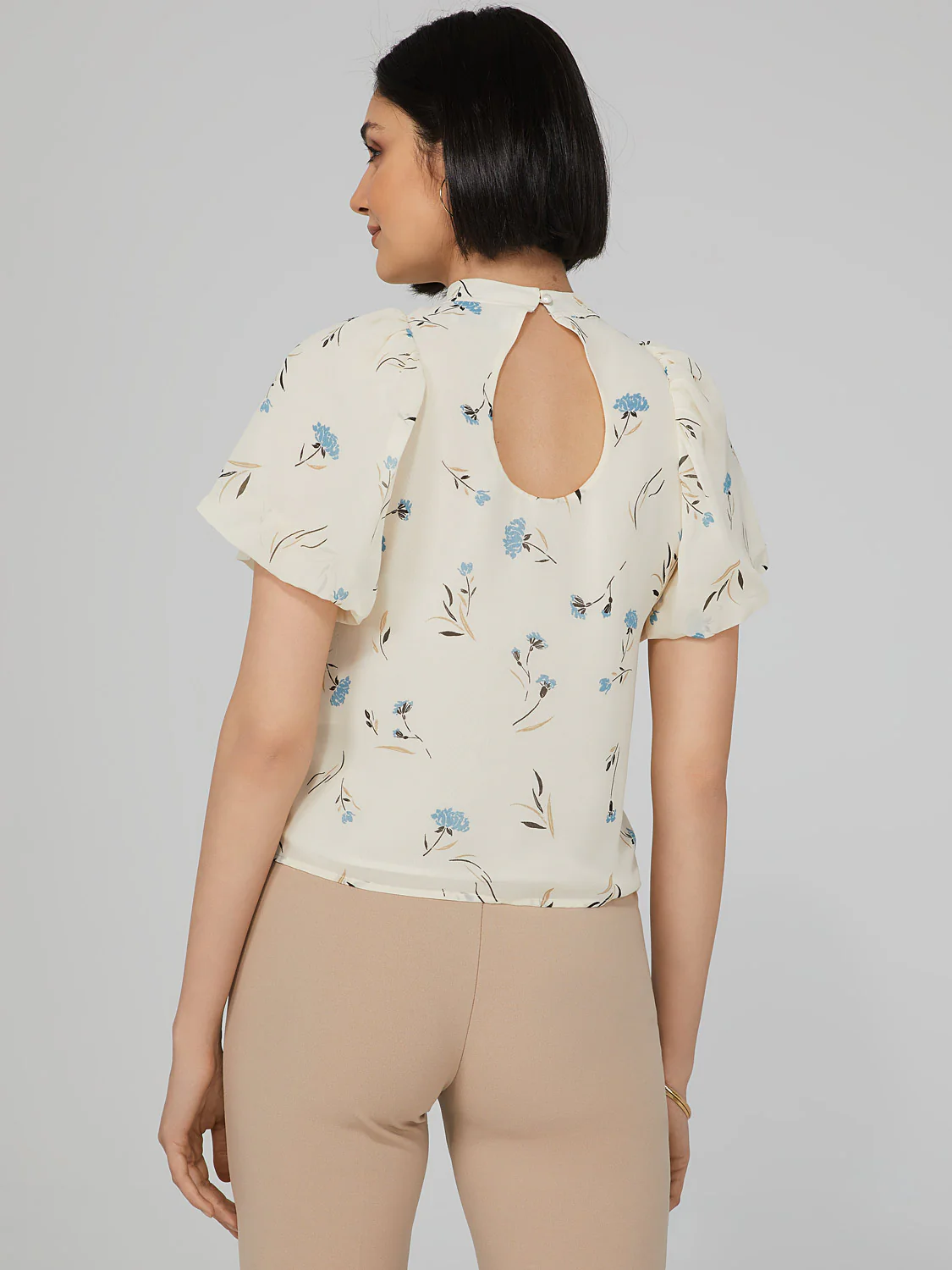 Printed Mock Neck Blouse With Open Back