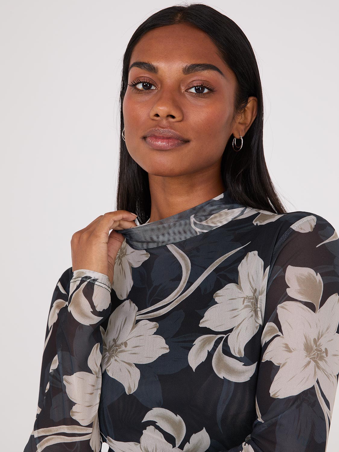 Floral Print Mock Neck Mesh Top