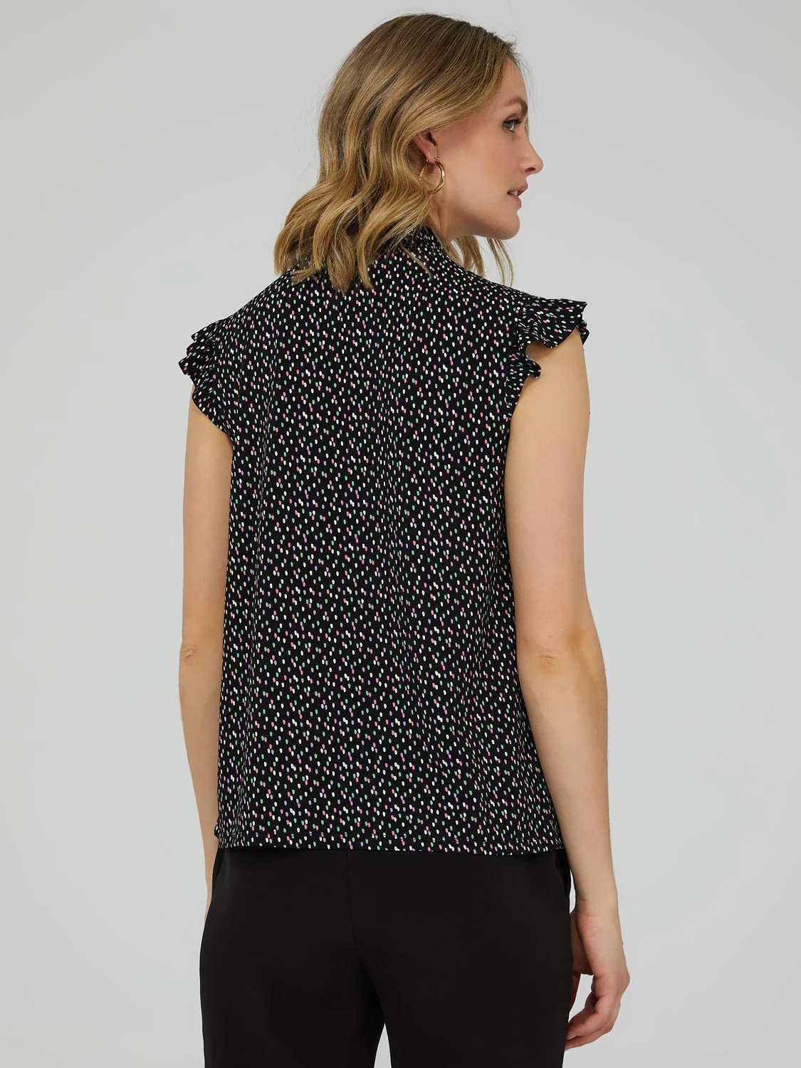 Printed Ruffle Cap Sleeve Mock Neck Top