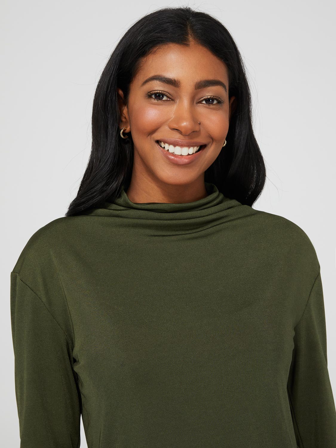 Funnel Neck Slinky Top With Asymmetrical Hem