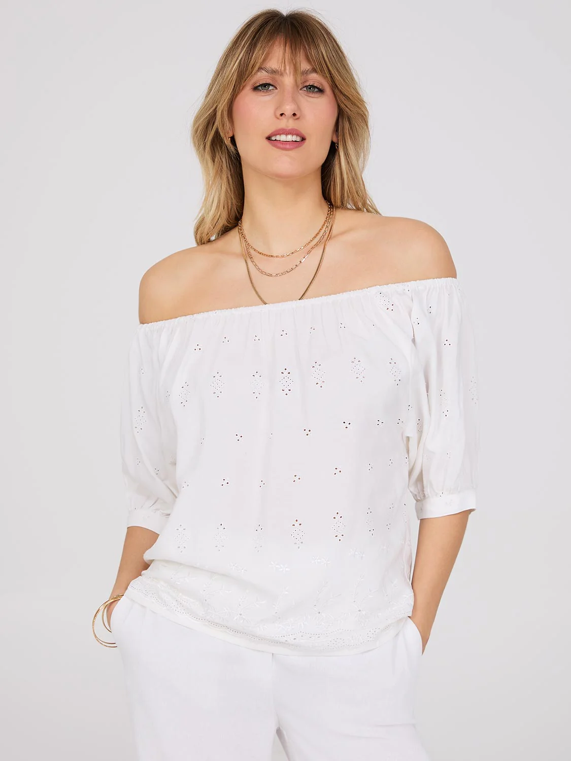 Off-The-Shoulder Puff Sleeve Eyelet Popover Top