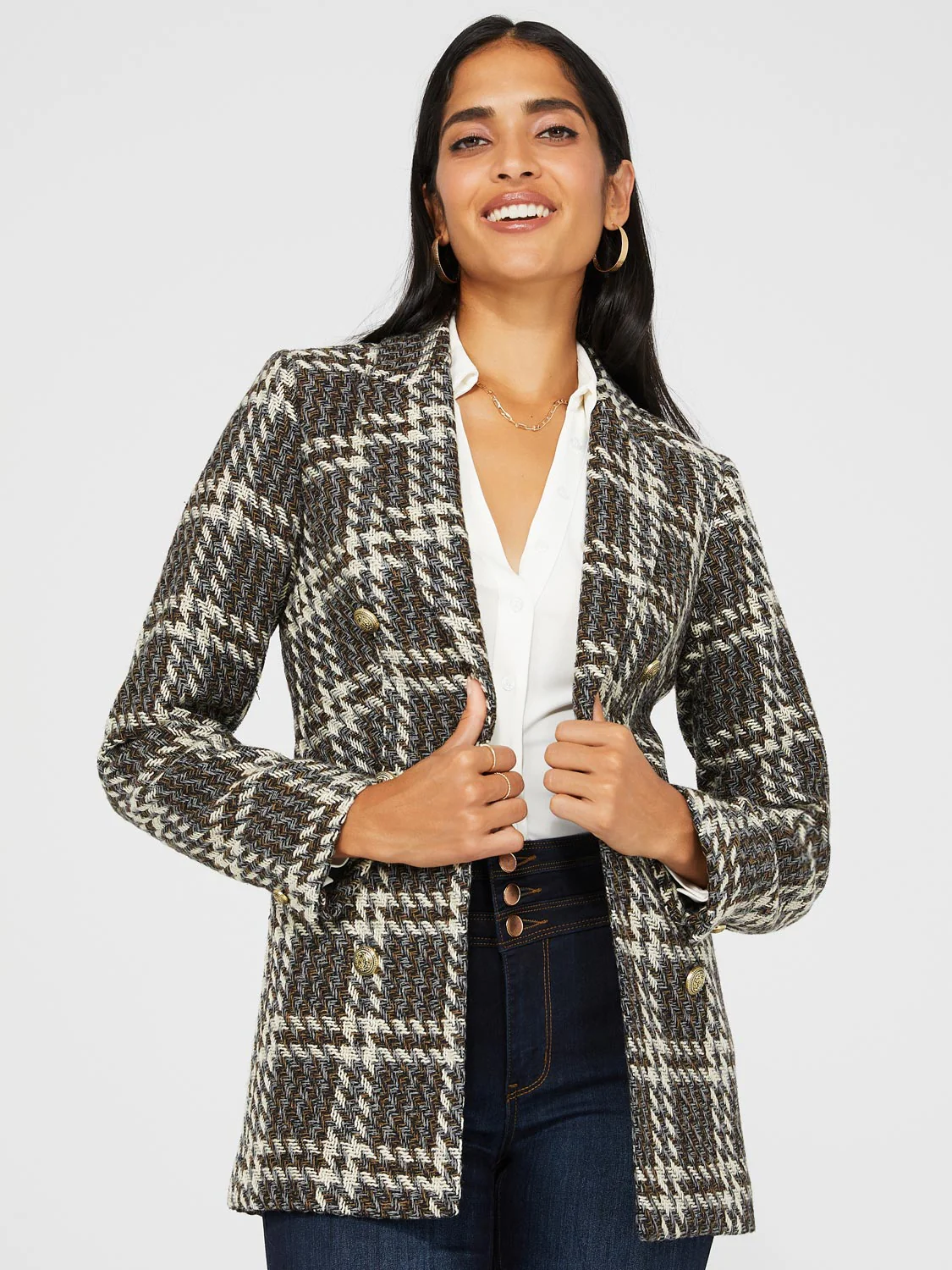 6-Button Plaid Boucle Blazer