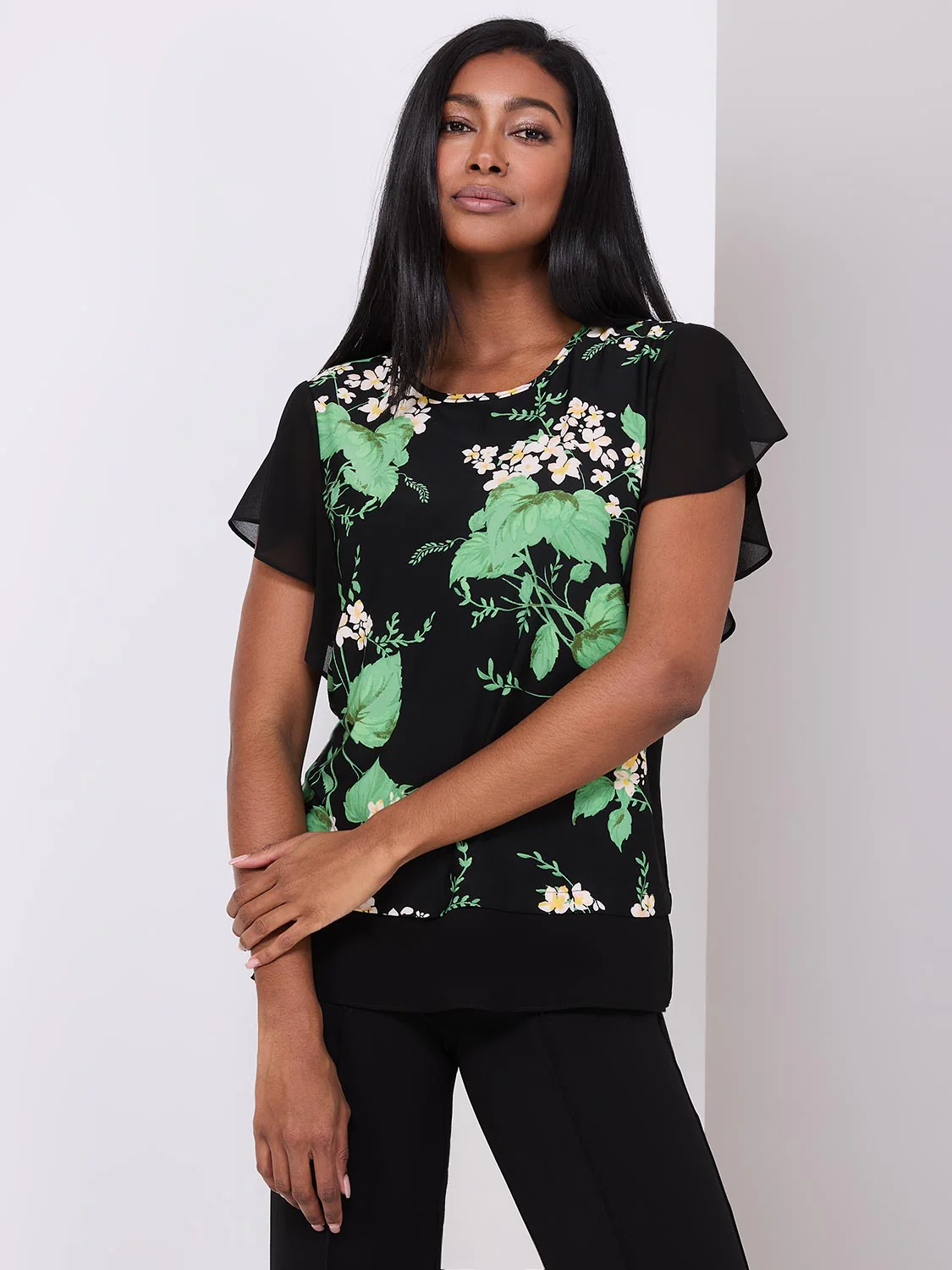 Floral Print 2-Fer Chiffon Crew Neck Top