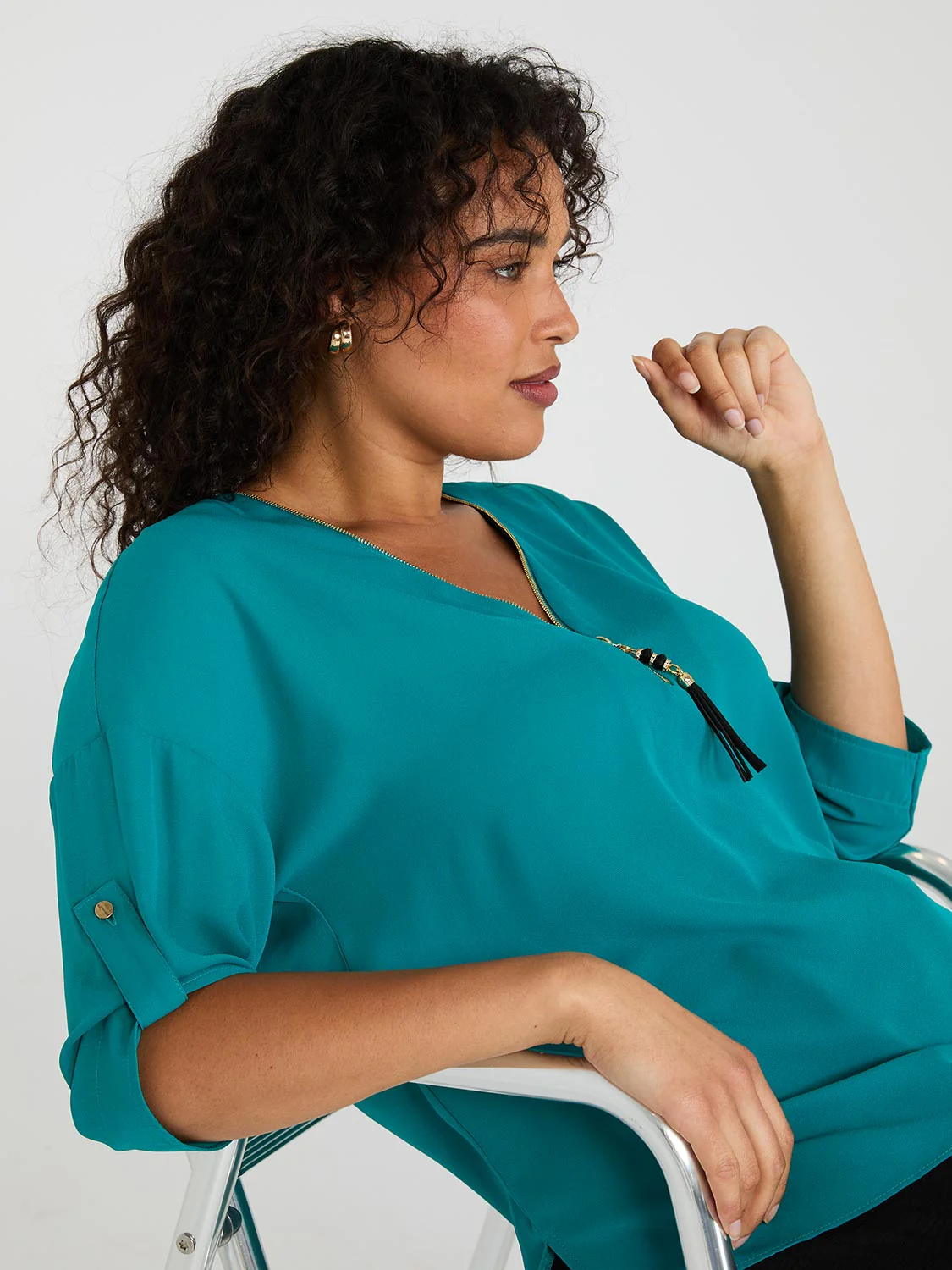 Print Zip Front V-Neck Top