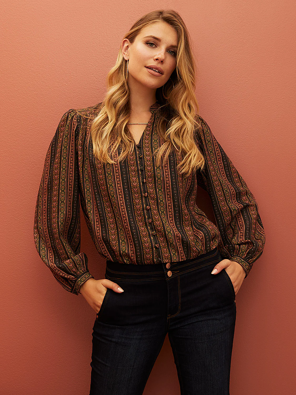 Ribbon Print Button-Front Blouse