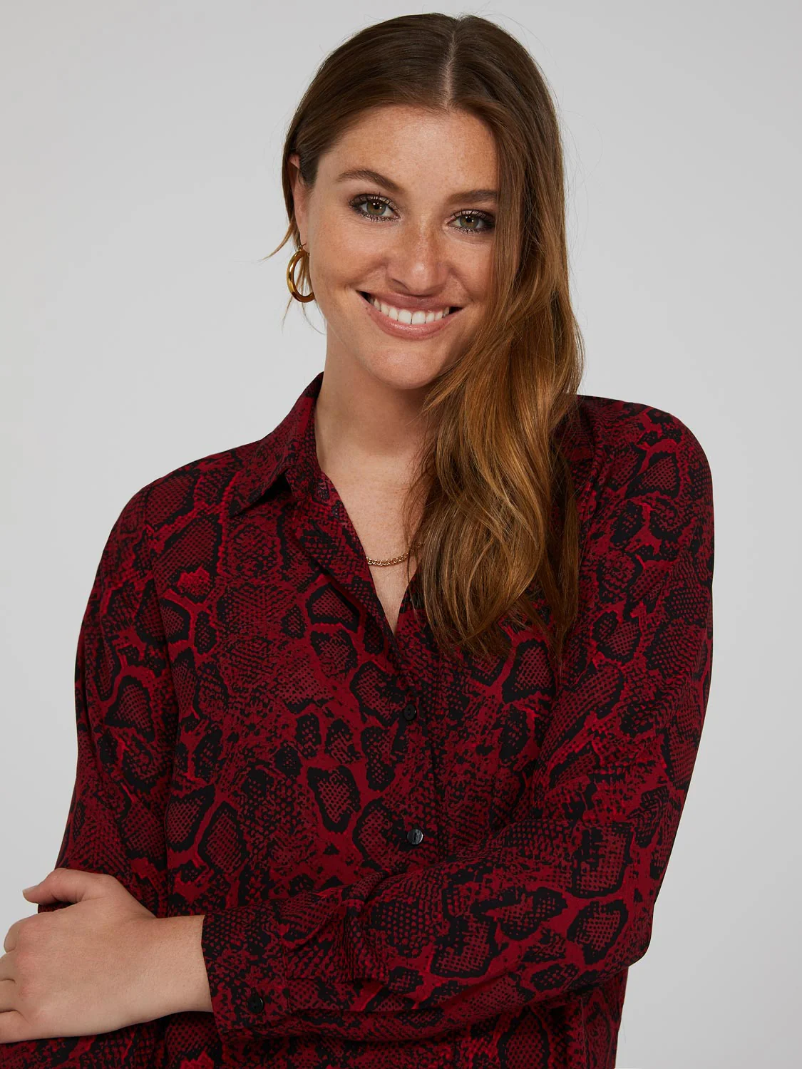 Snakeskin Print Crepe Long Sleeve Button-Front Blouse