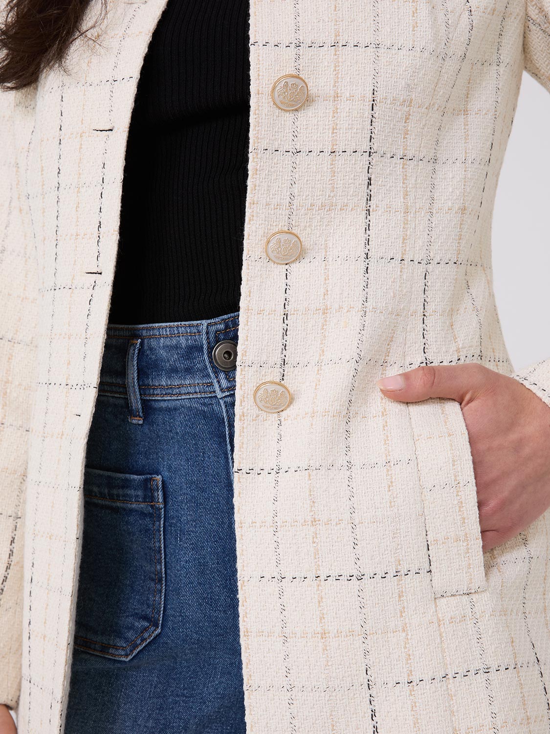 Boucle Button-Front Blazer With Mandarin Collar