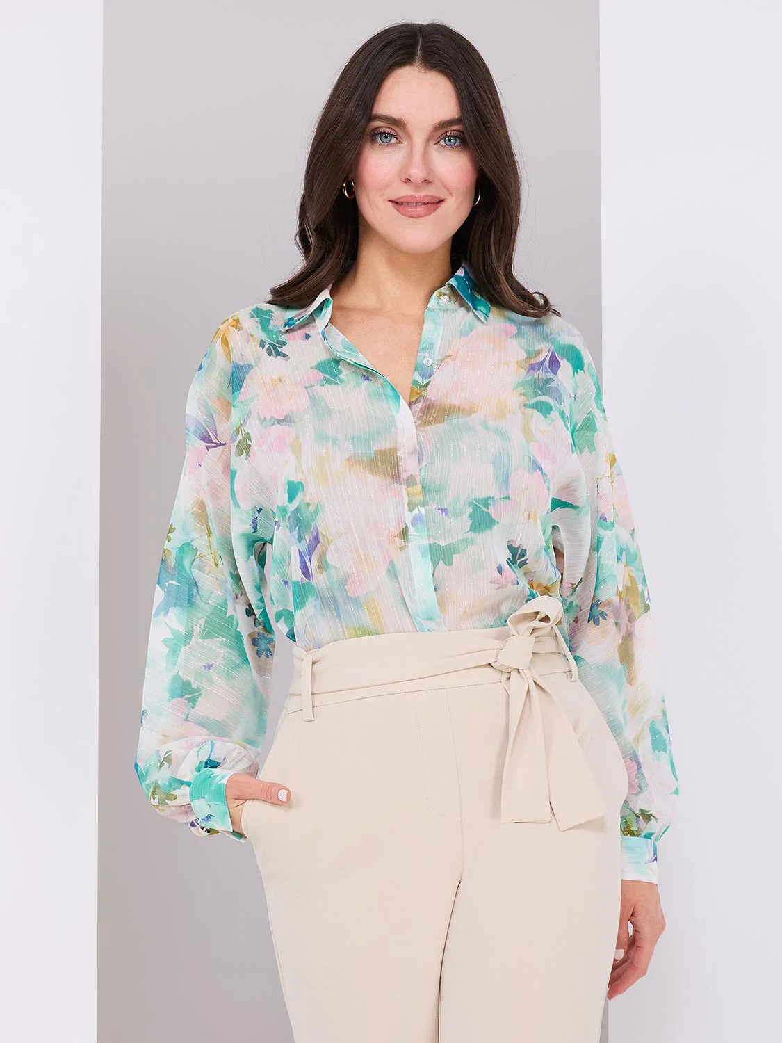 Floral Print Button-Front Chiffon Blouse
