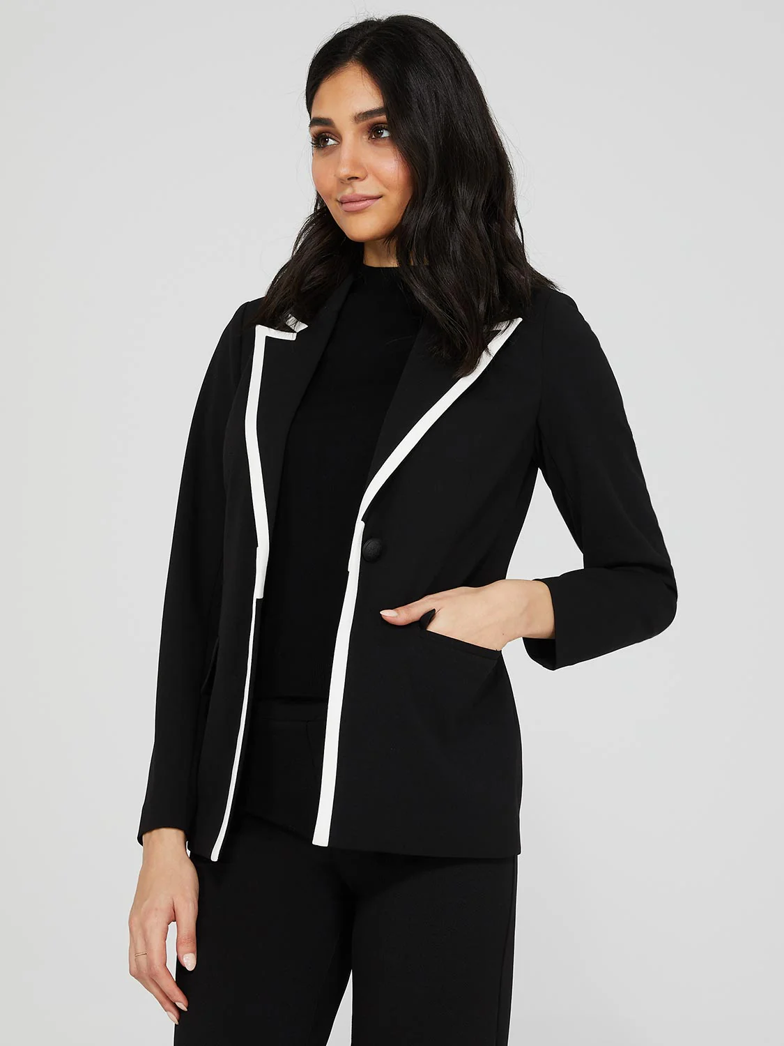 One-Button Contrast Trim Blazer