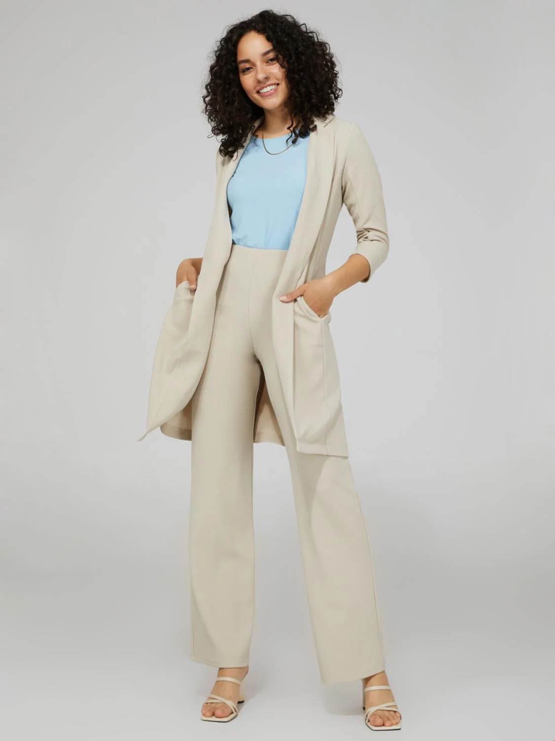 Long Blazer With 3/4 Ruched Sleeves
