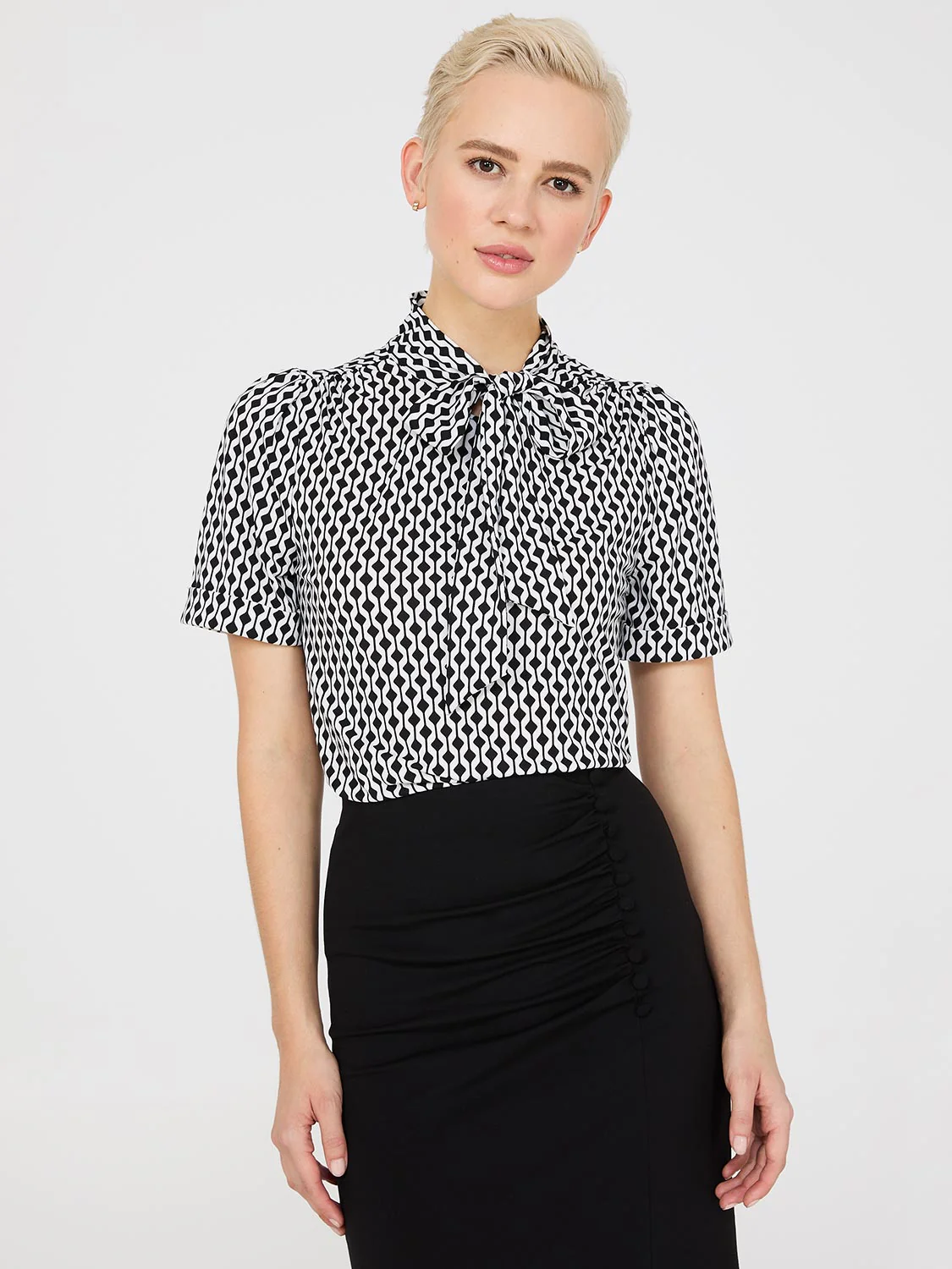 Print Short Sleeve Tie-Neck Top