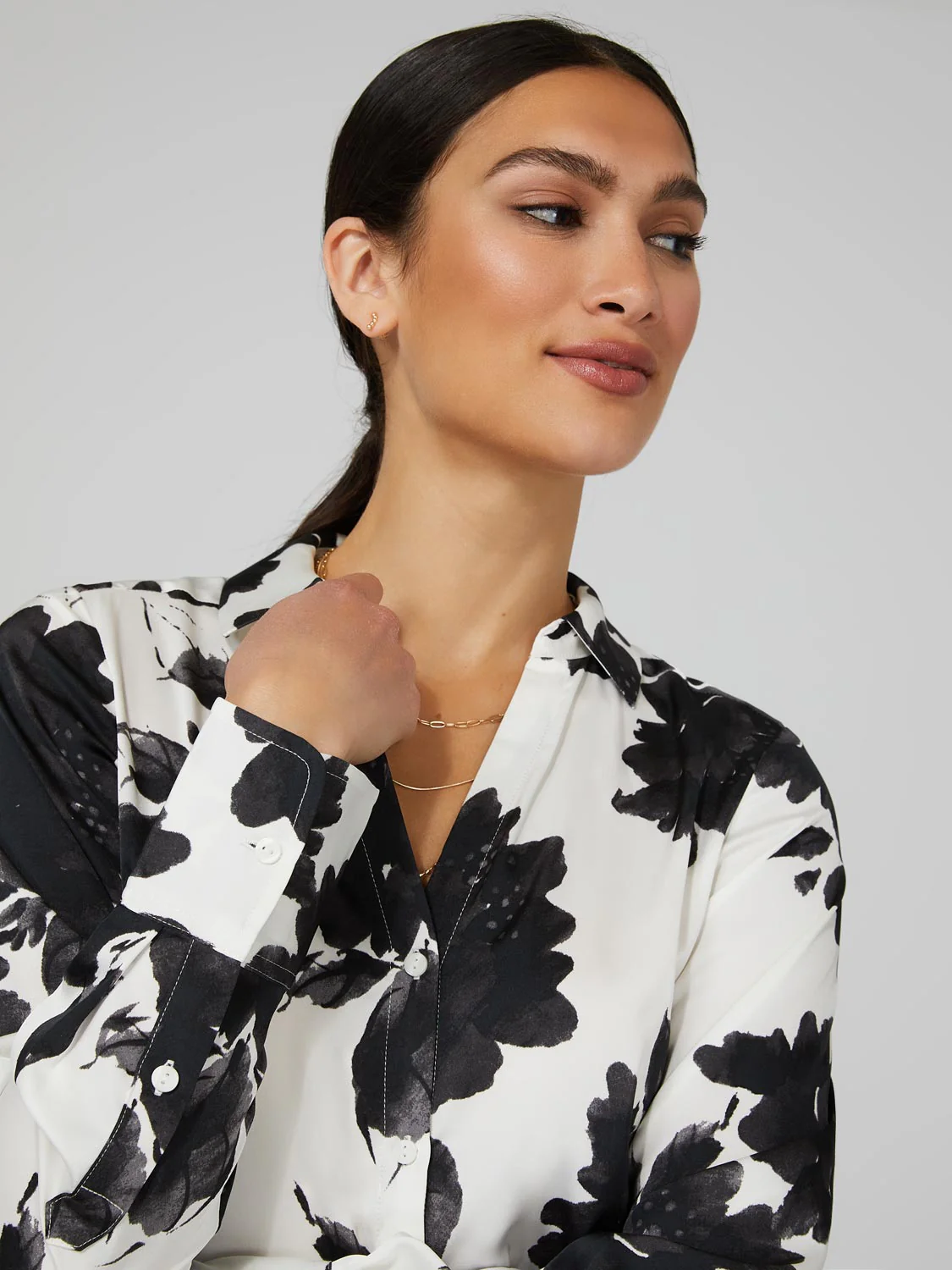 Printed Satin Split Neck Button-Front Blouse