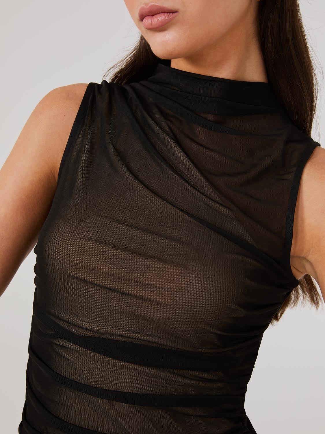 One-Shoulder Mock Neck Top With Mesh Overlay