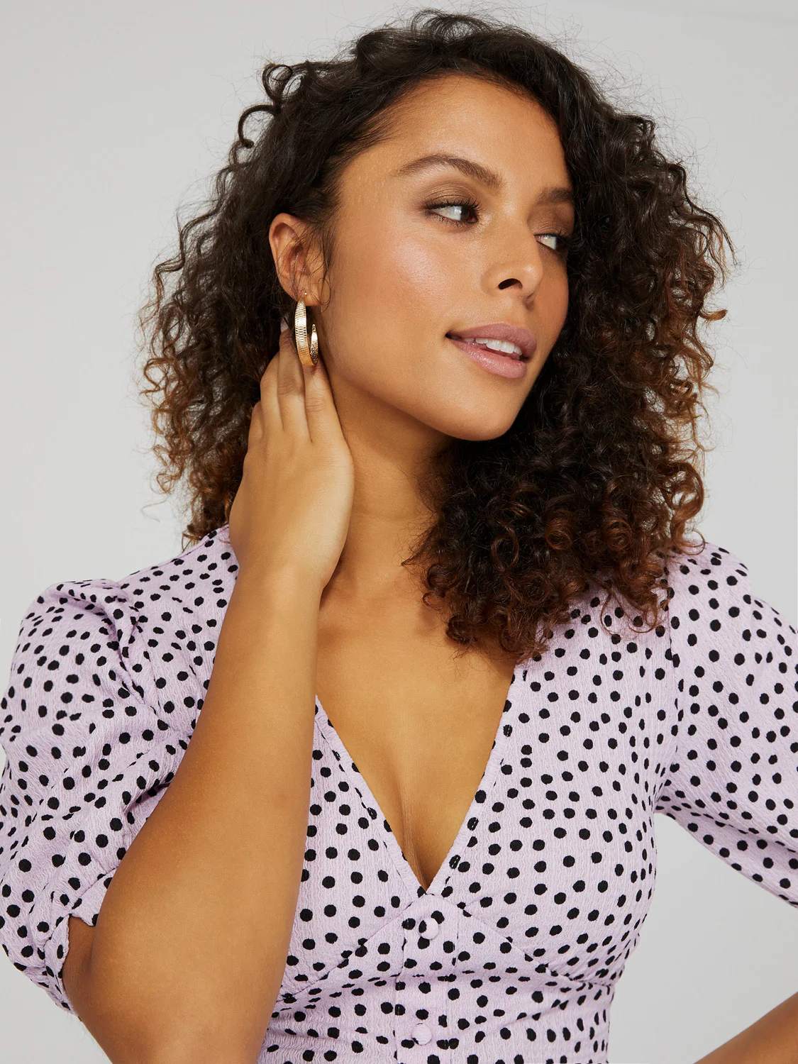 Printed V-Neck Button-Front Top With Puff Sleeves