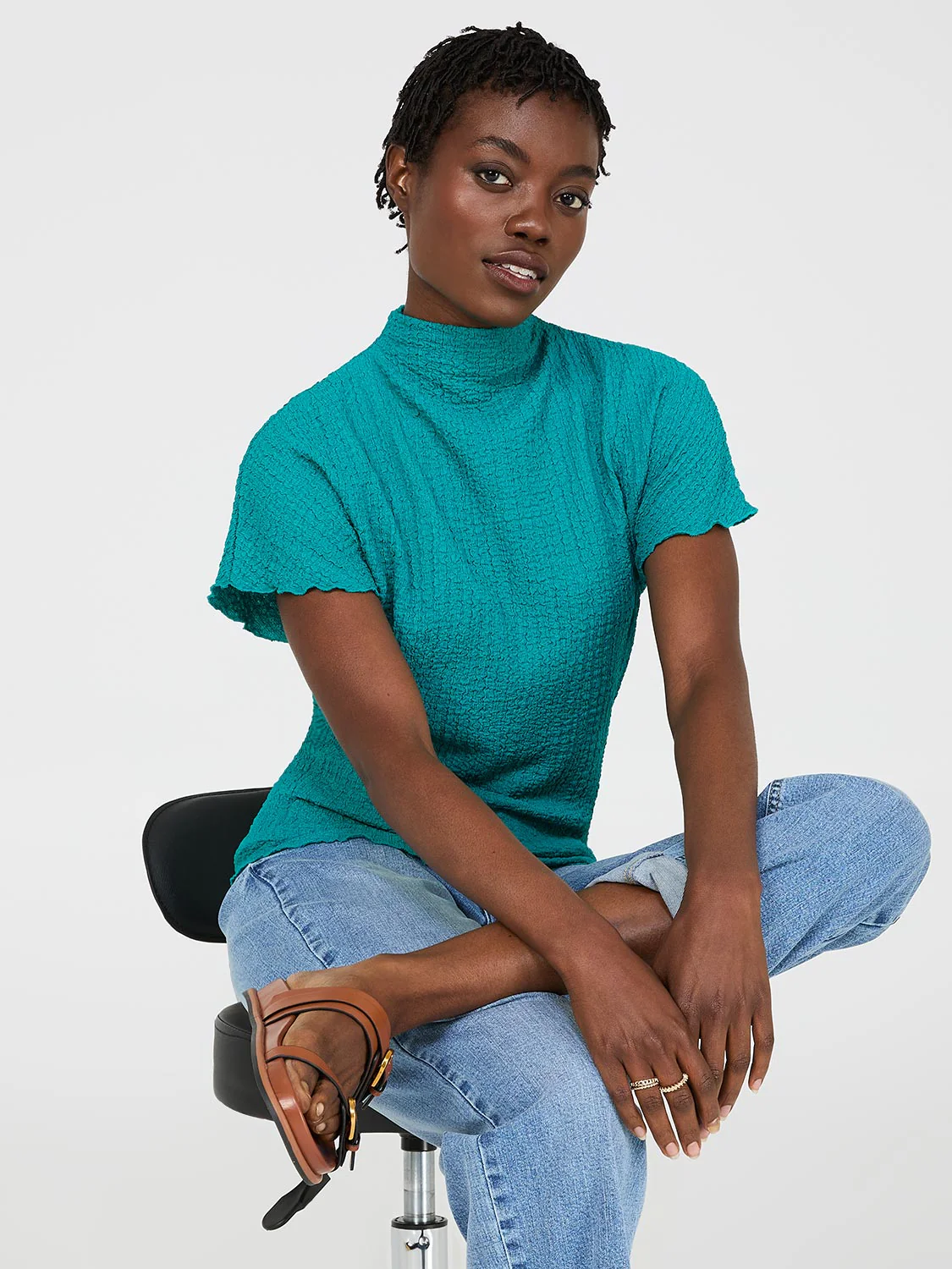 Short Dolman Sleeve Textured Mock Neck Top