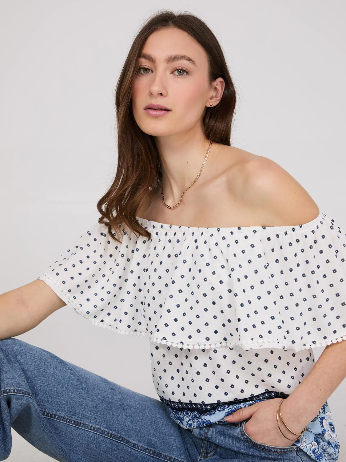 Off-The-Shoulder Textured Top With Border Print