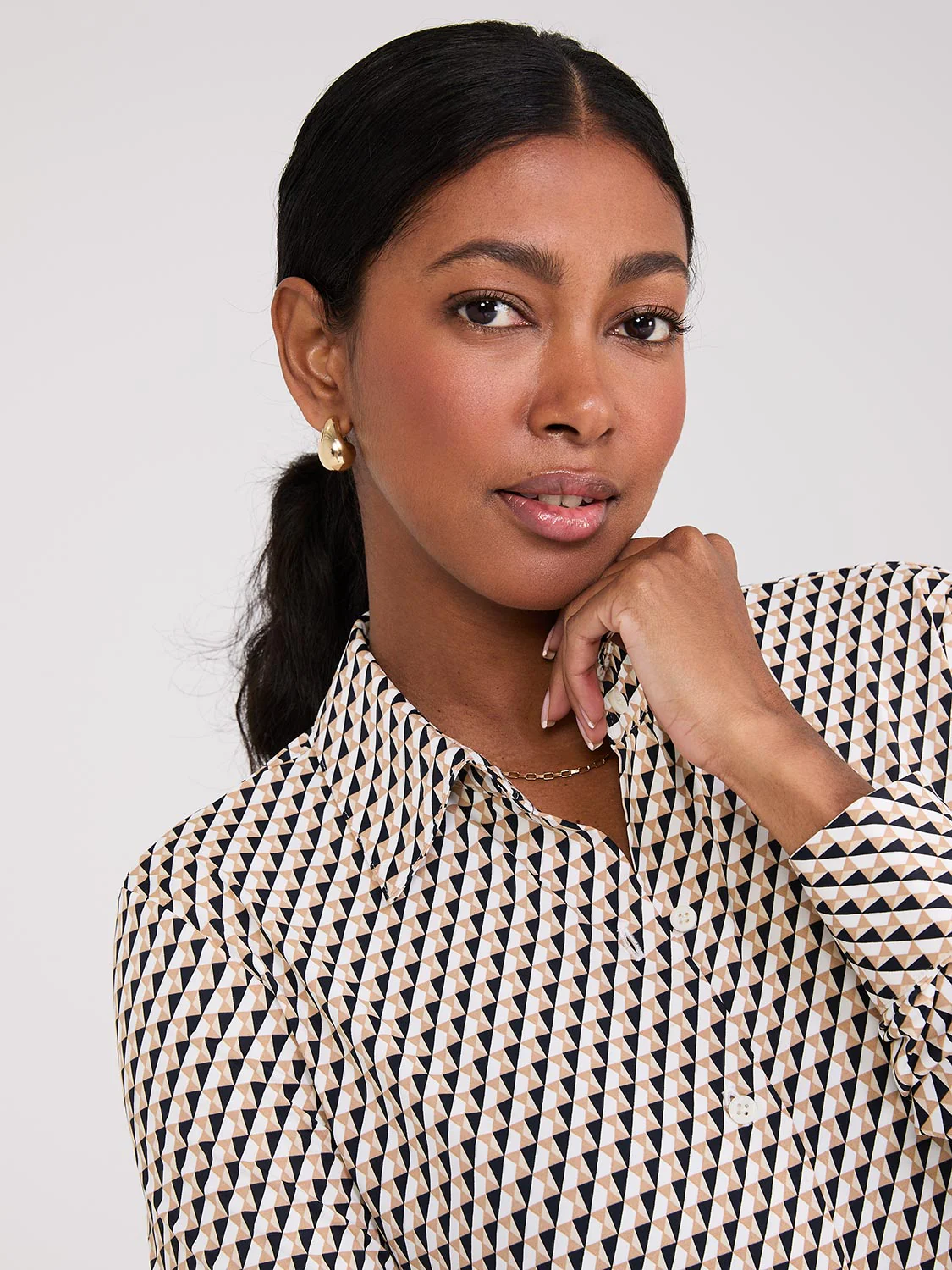 Print Button-Front Classic Blouse