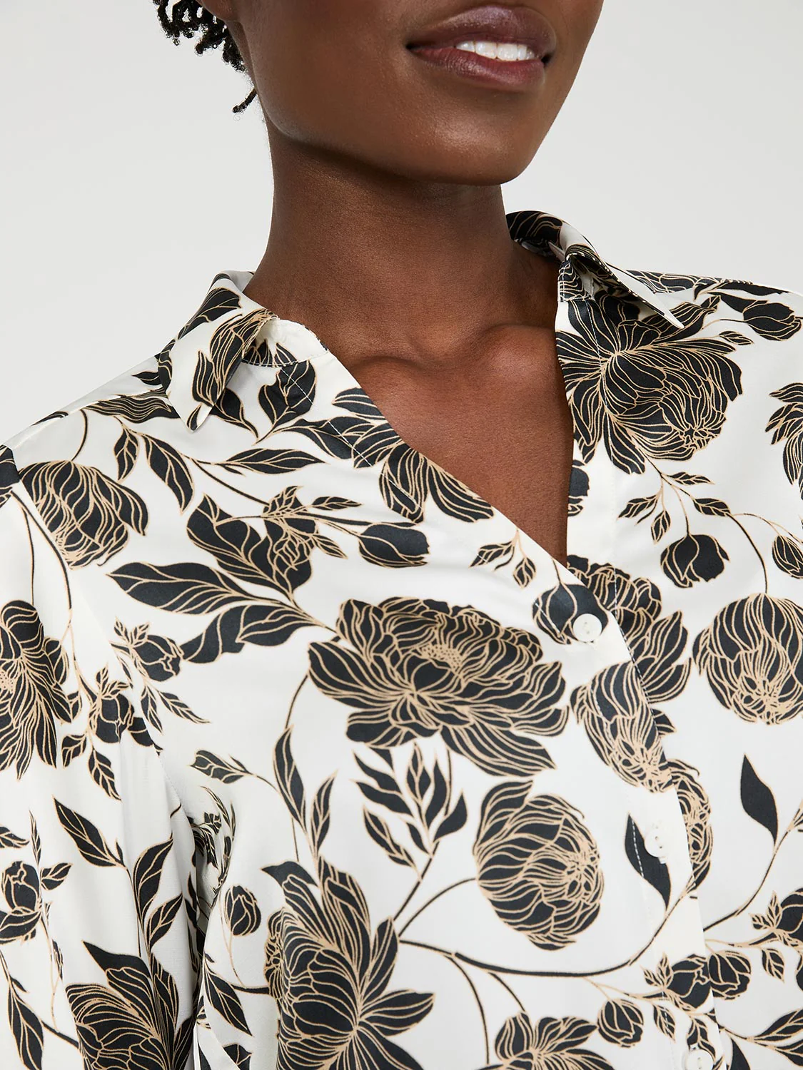 Floral Print Satin Button-Front Blouse